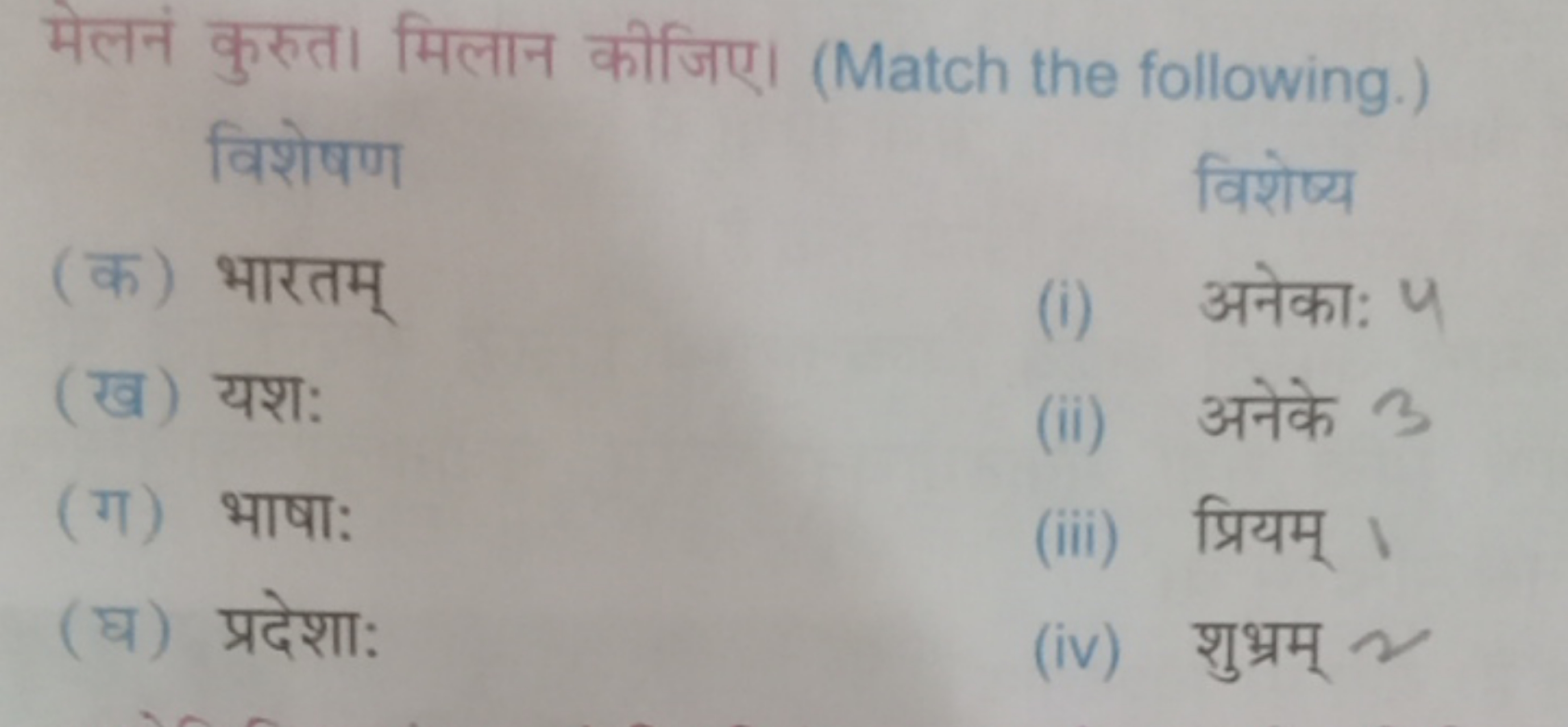 मेलनं कुरुत। मिलान कीजिए। (Match the following.) विशेषण
(क) भारतम्
विश