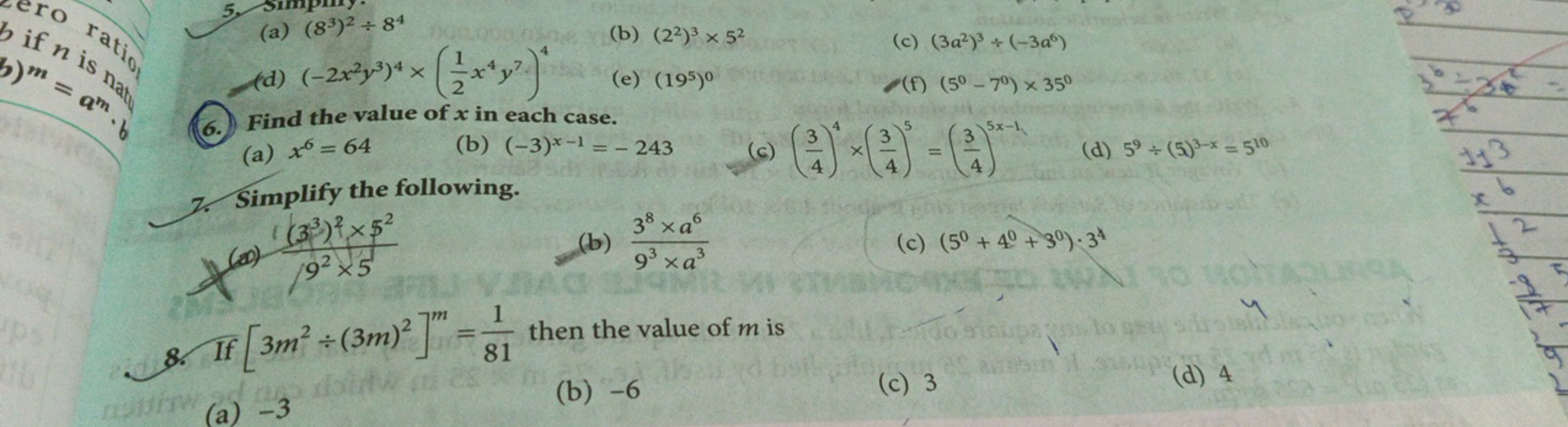 ro ration
if n is natu
b) m = amb
3)m
P
b
5
(a) (83)2÷84
(d) (-2x2y3)4