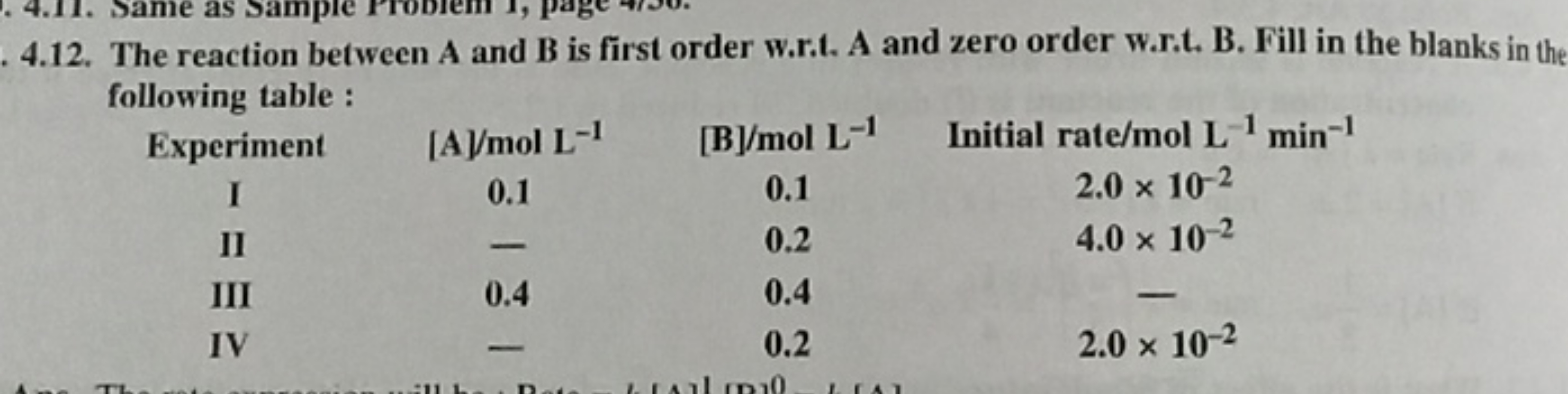 4.12. The reaction between A and B is first order w.r.t. A and zero or