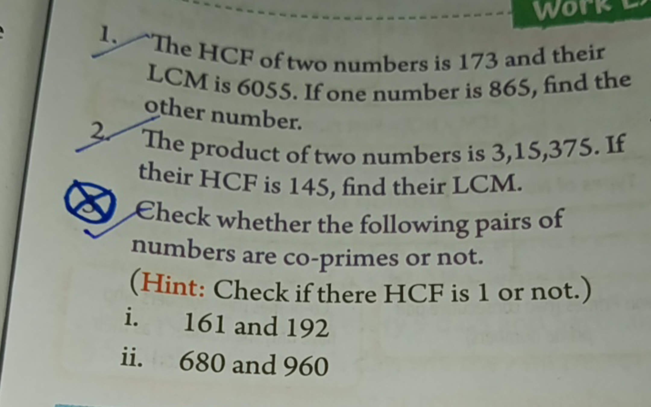 1. The HCF of two numbers is 173 and their LCM is 6055 . If one number