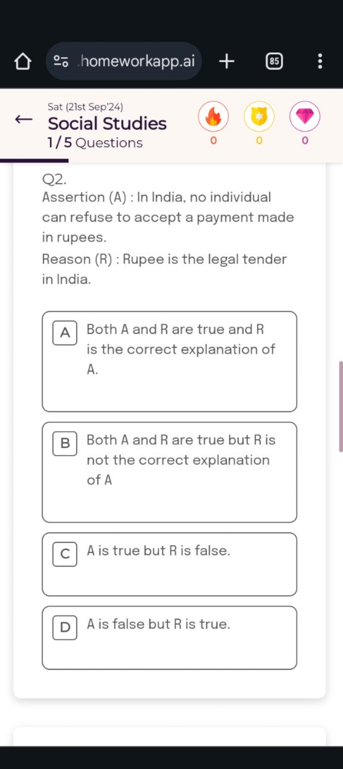 ๑- .homeworkapp.ai
85
Sat (21st Sep'24)
← Social Studies
1/5 Questions