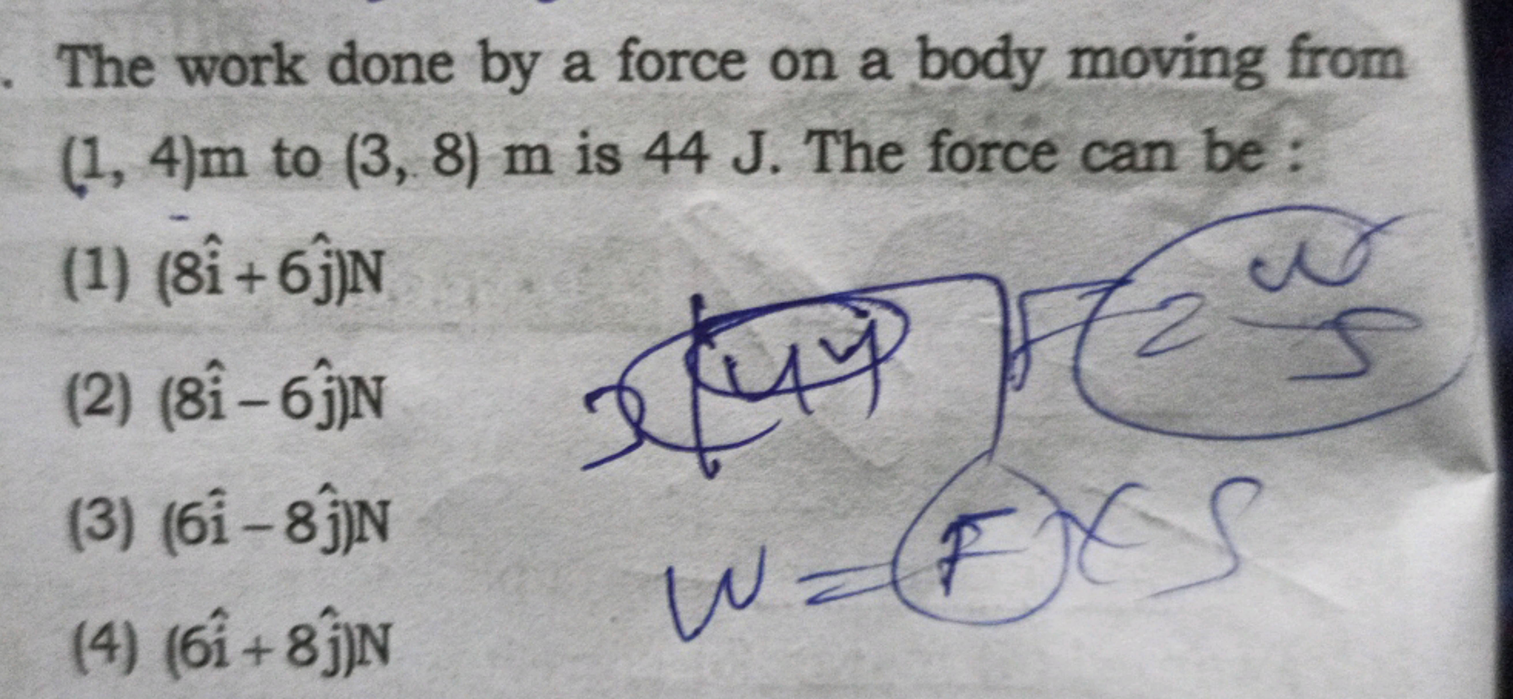 The work done by a force on a body moving from (1,4)m to (3,8)m is 44 