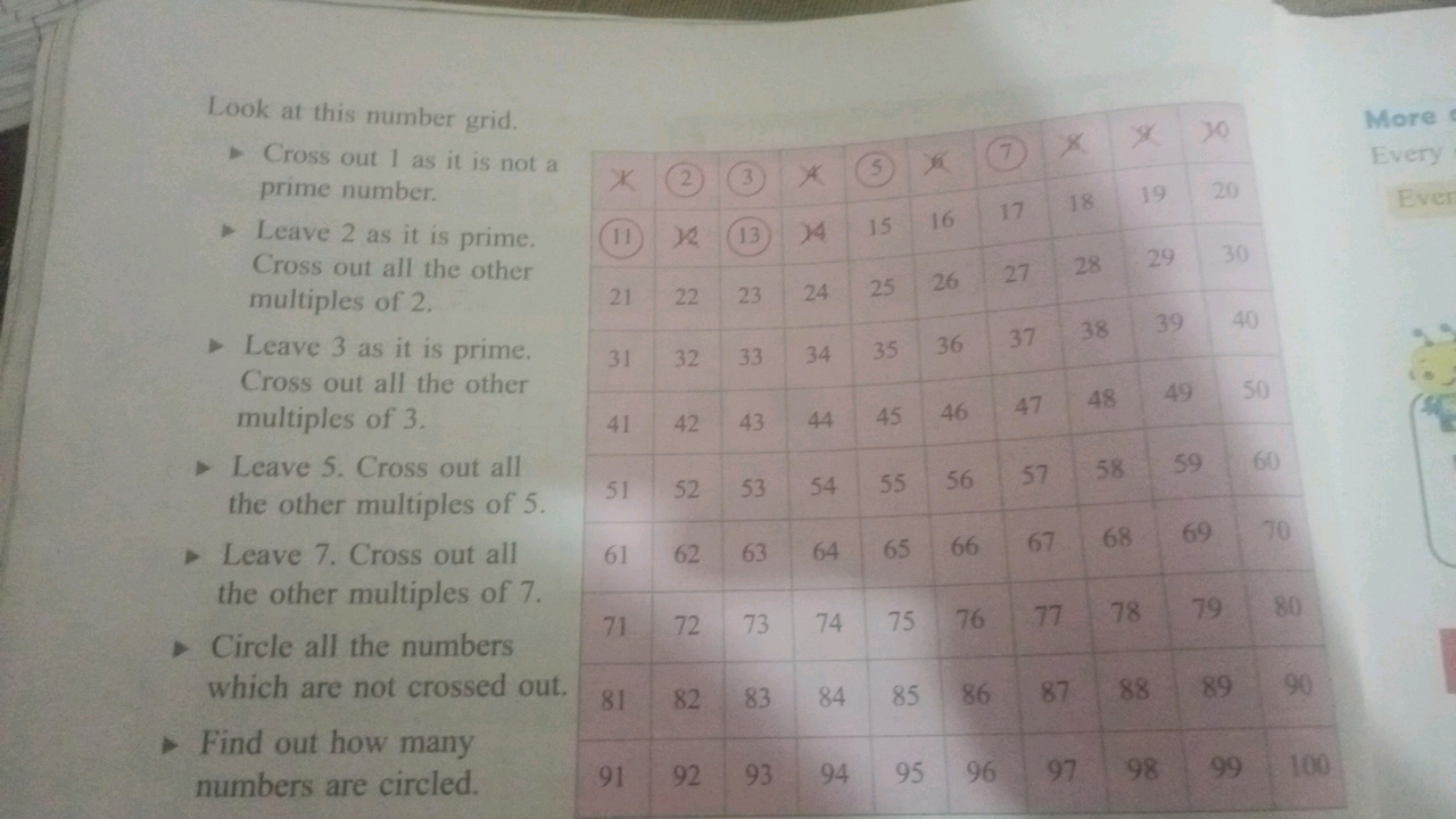 Look at this number grid.
- Cross out 1 as it is not a prime number.
-