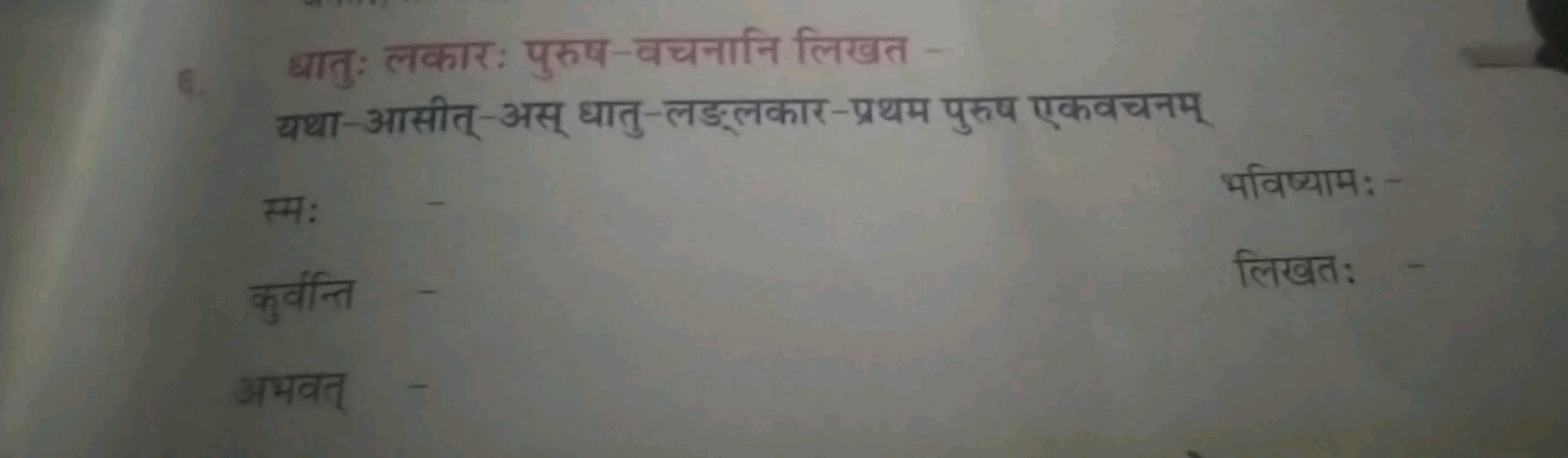 धातु: लकारः पुरुष-वचनानि लिखत -
यथा-आसीत्-अस् धातु-लड्लकार-प्रथम पुरुष