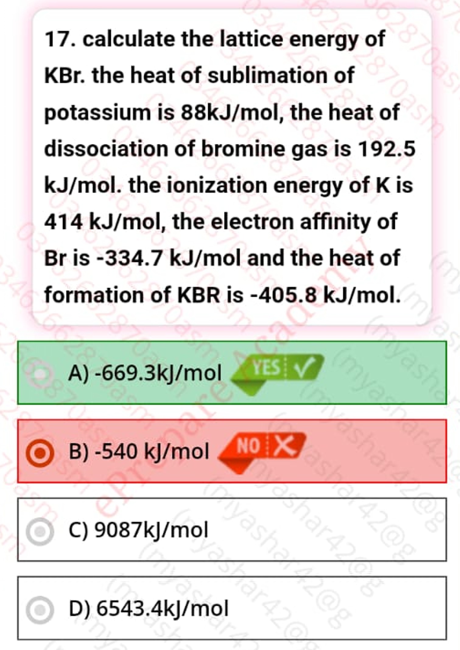 17. calculate the lattice energy of KBr . the heat of sublimation of p