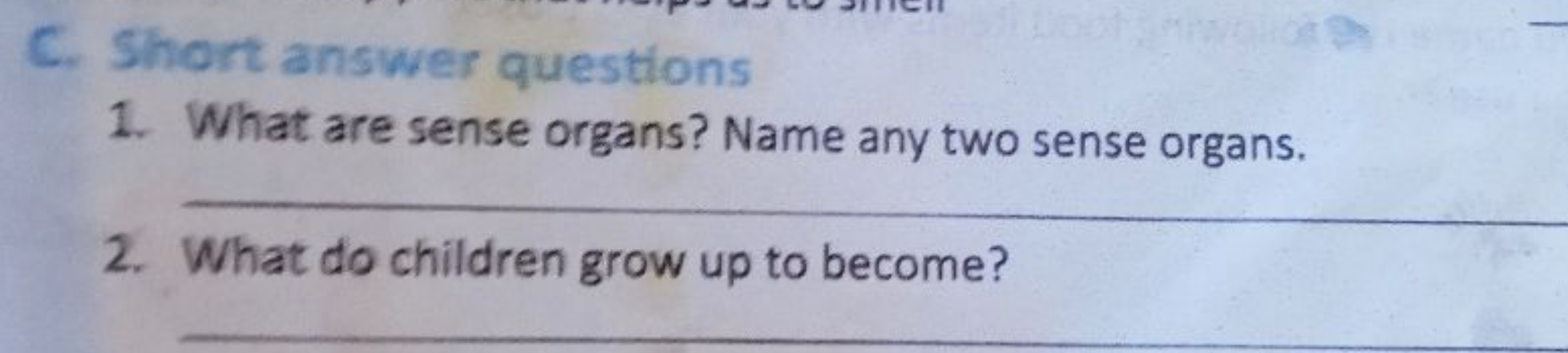 C. Short answer questions
1. What are sense organs? Name any two sense