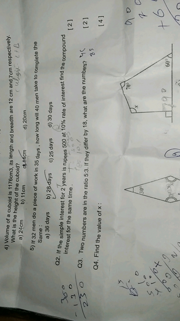 4) Volume of a cuboid is 1176 cm 3 , its length and breadth are 12 cm 