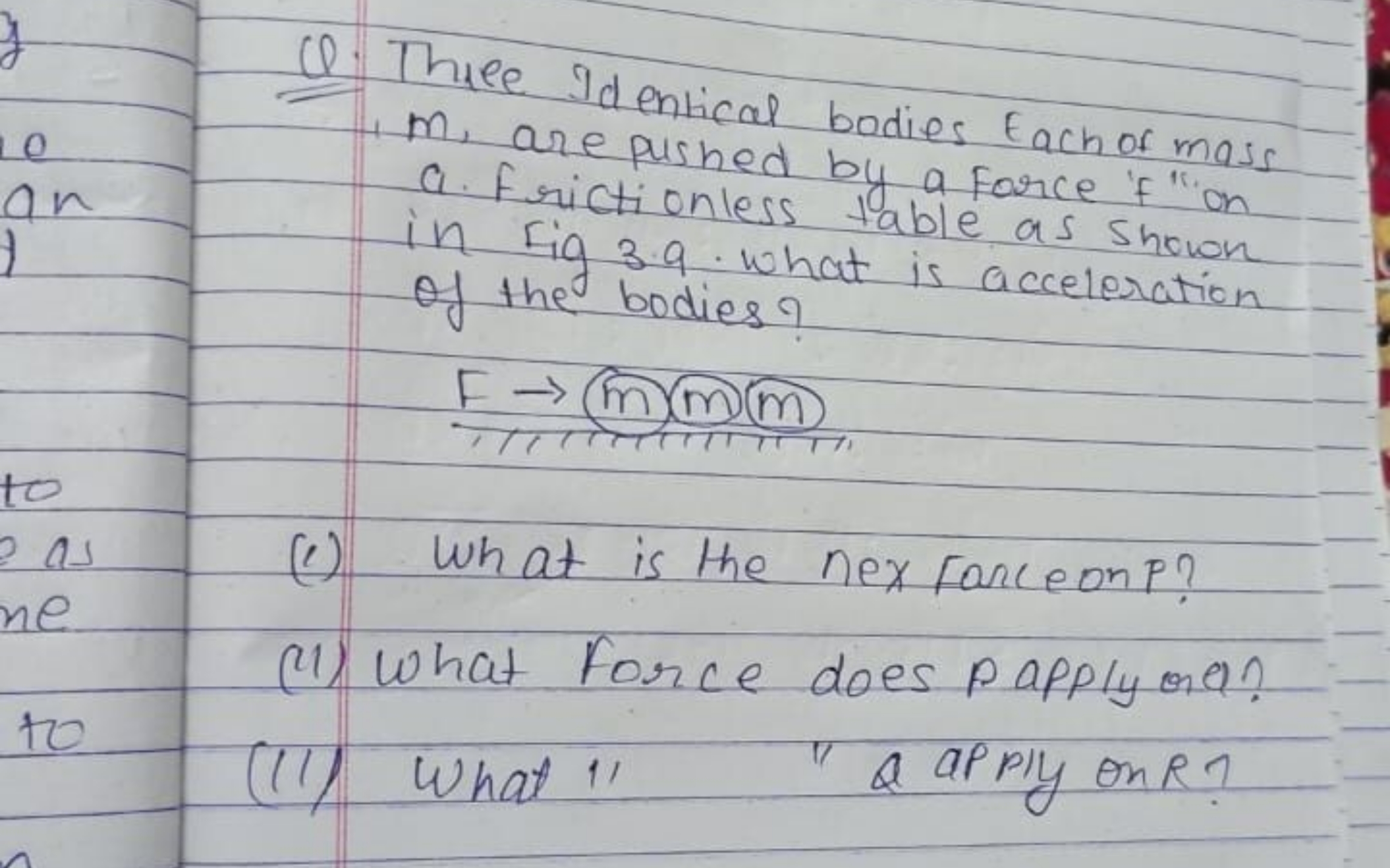 Q. Thule Identical bodies Each of mass m, are pushed by a force 'f "io