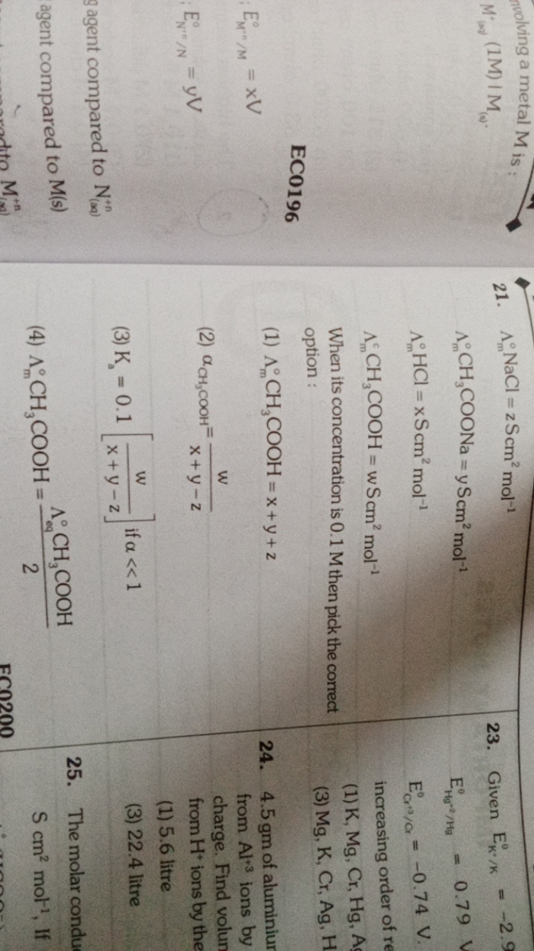 nvolving a metal M is :
M+(x)​(1M)∣M(s)​.

EC0196
EM−1/M∘​=xV
EN−1/N0​