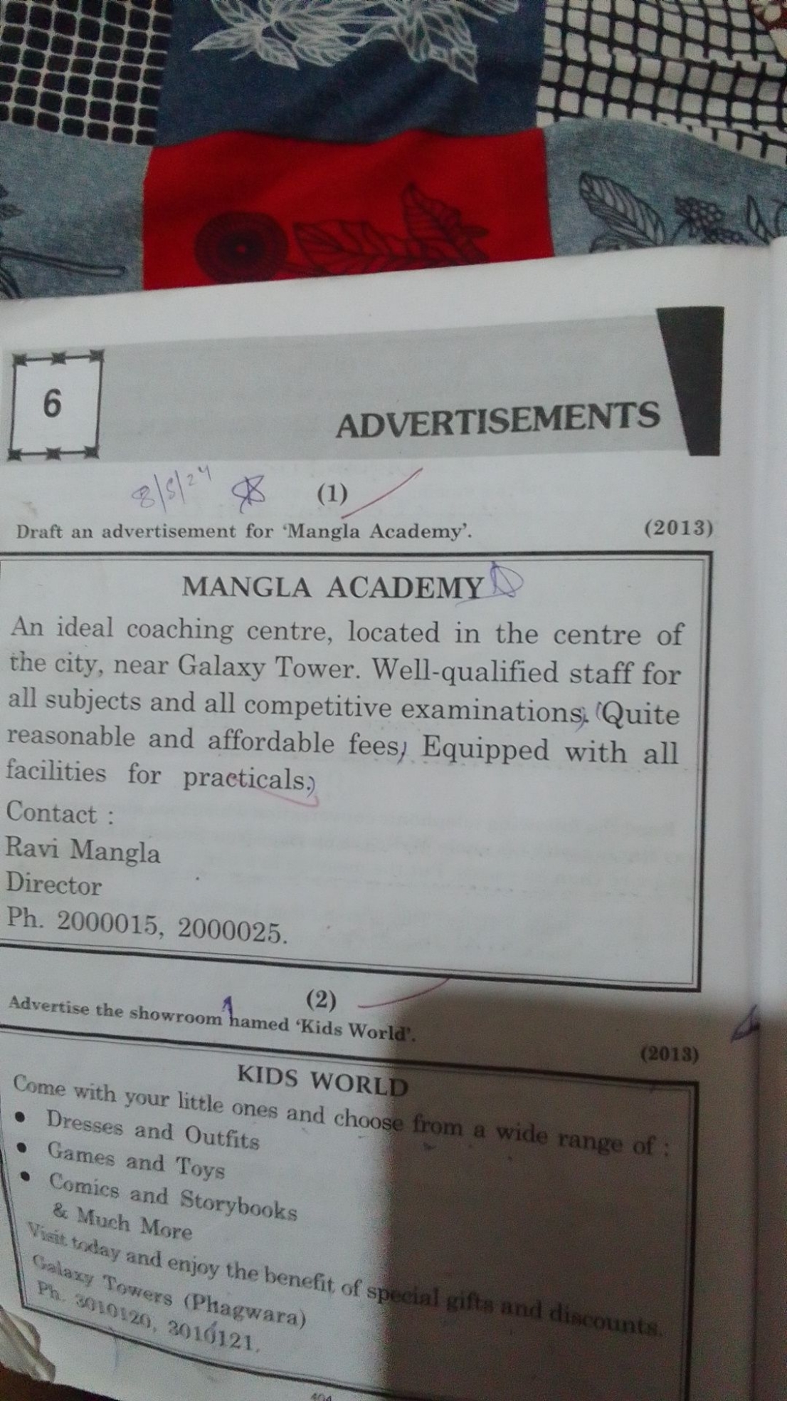 6
ADVERTISEMENTS
(1)

Draft an advertisement for 'Mangla Academy'.
(20