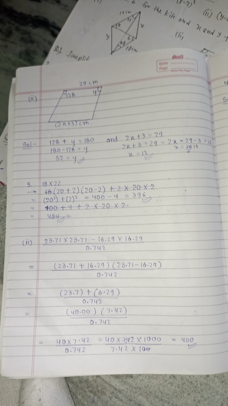 (ii)

Sol-
128+y=180180−128=y52=y​
and 2x+3=29
2x+3=29−2x=29−3=26x=13​