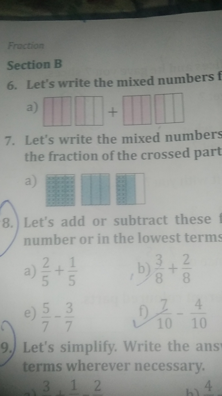 Fraction
Section B
6. Let's write the mixed numbers
a)
7. Let's write 