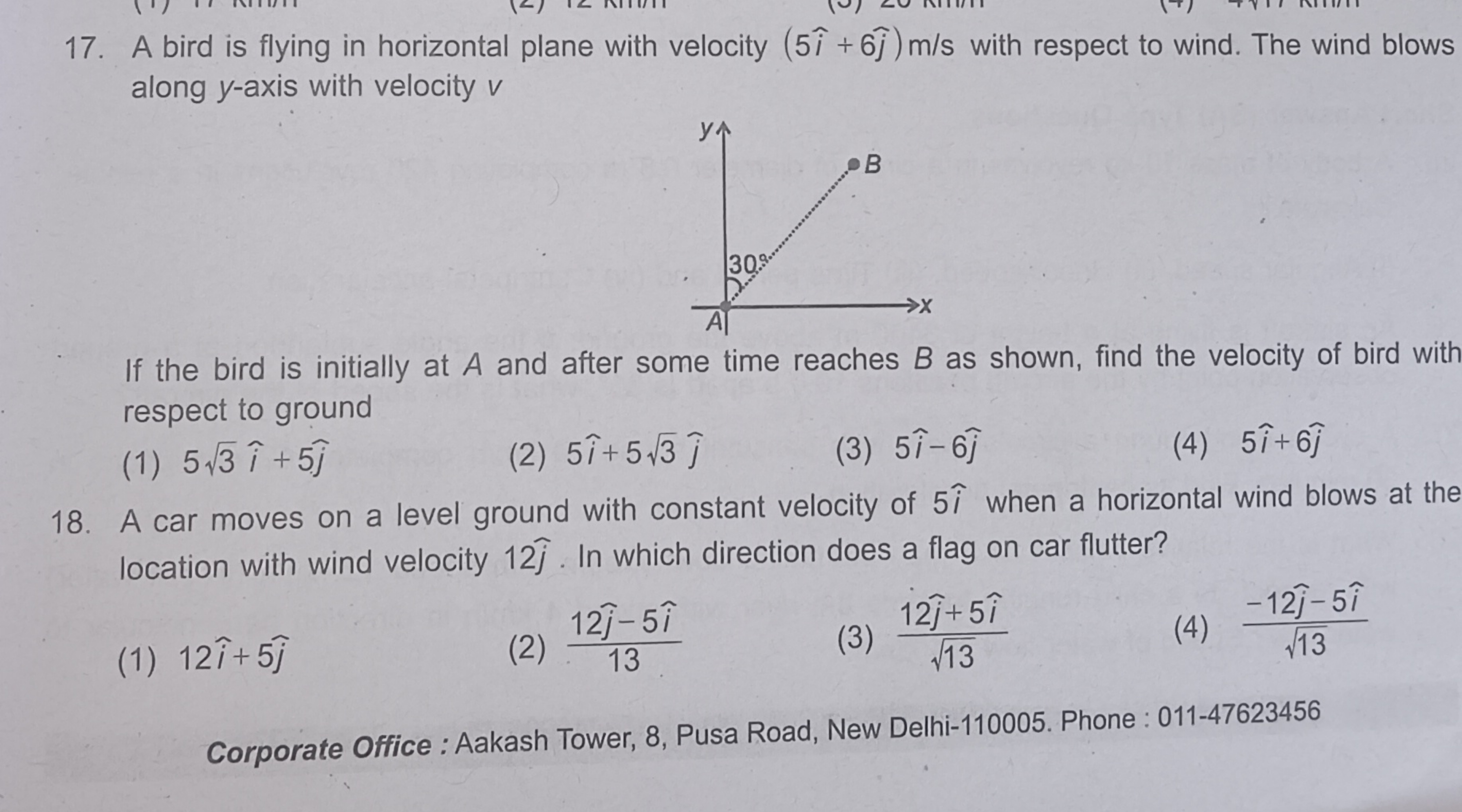 17. A bird is flying in horizontal plane with velocity (5i^+6j^​)m/s w