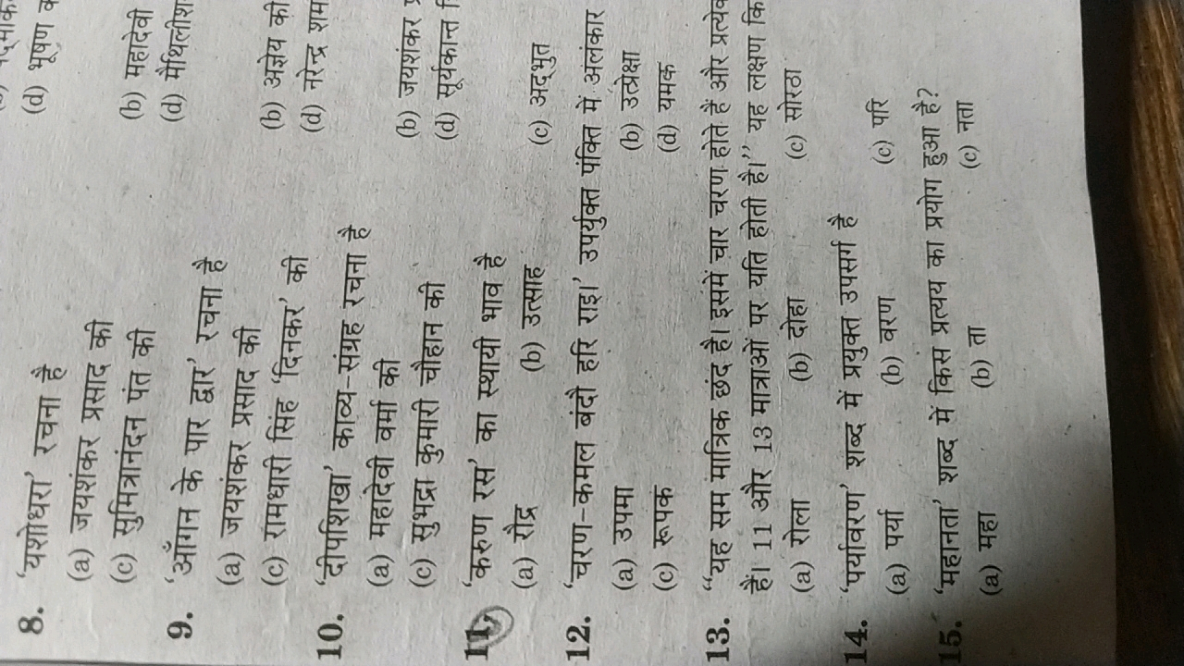 8. 'यशोधरा' रचना है
(d) भूषण a
(a) जयशंकर प्रसाद की
(c) सुमित्रानंदन प