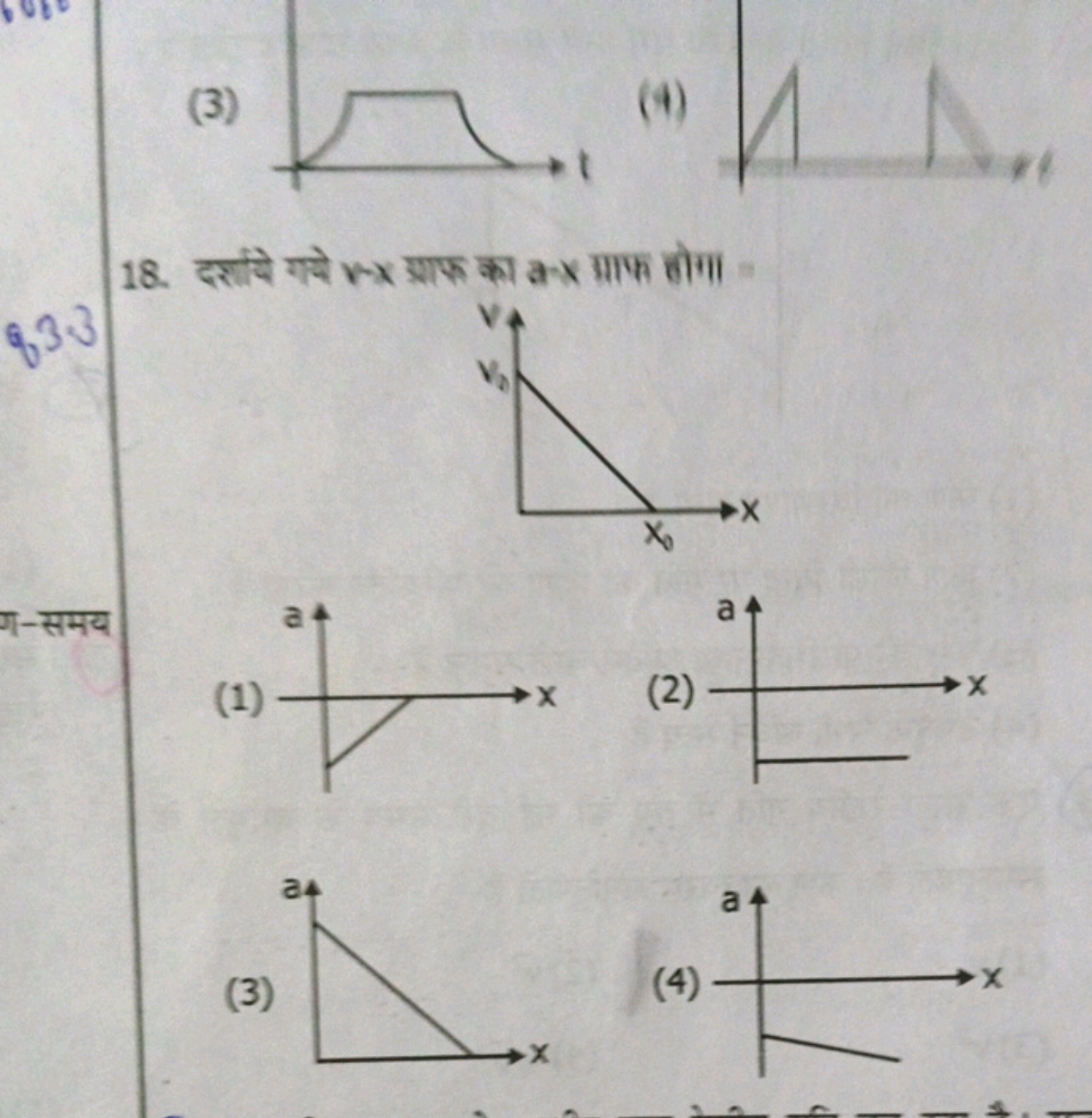 (3)
(4) □
18. दर्शाये गये x−x ग्राफ का a−x ग्याफ होगा =
833
ग-समय
(1)
