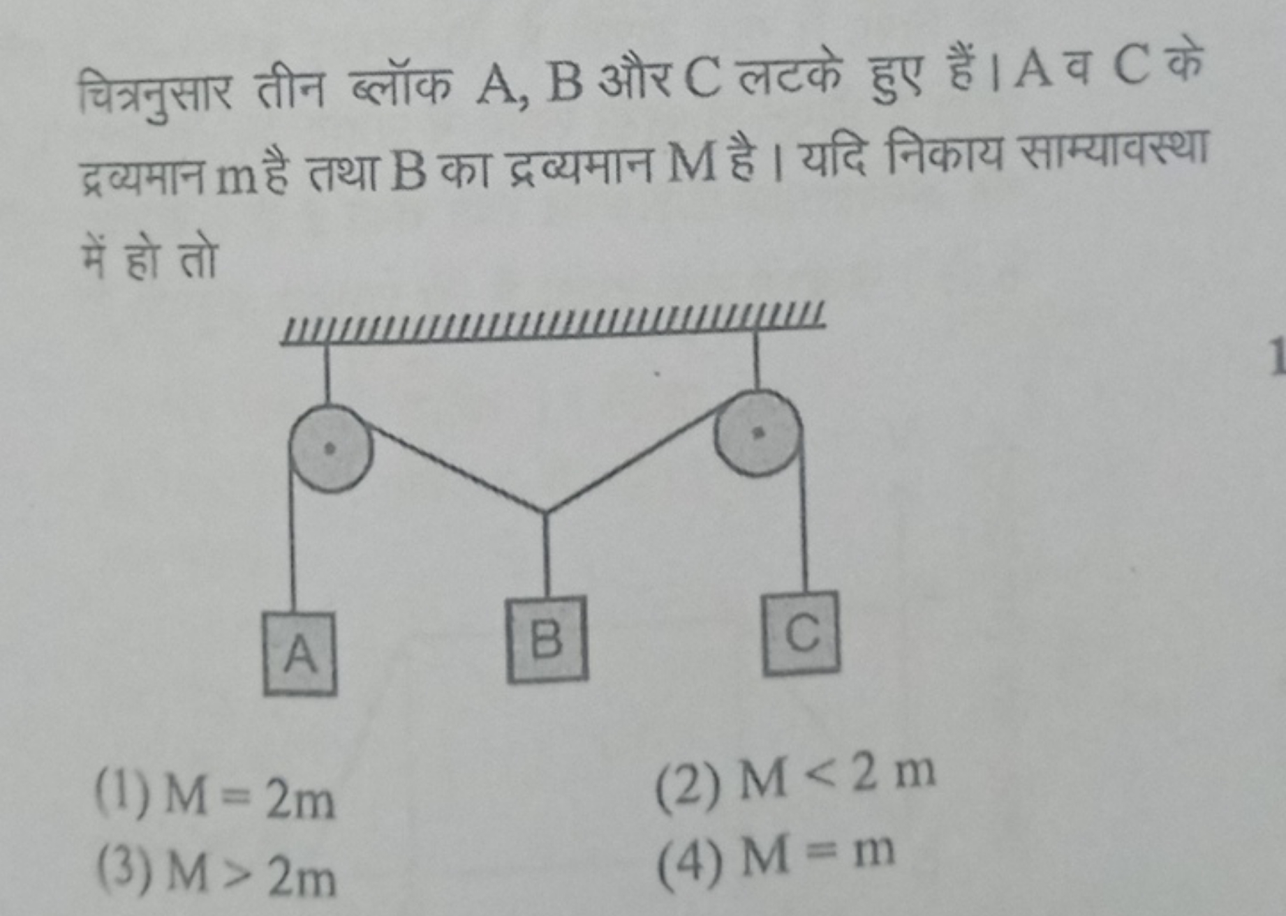 चित्रनुसार तीन ब्लॉक A,B और C लटके हुए हैं। A व C के द्रव्यमान m है तथ