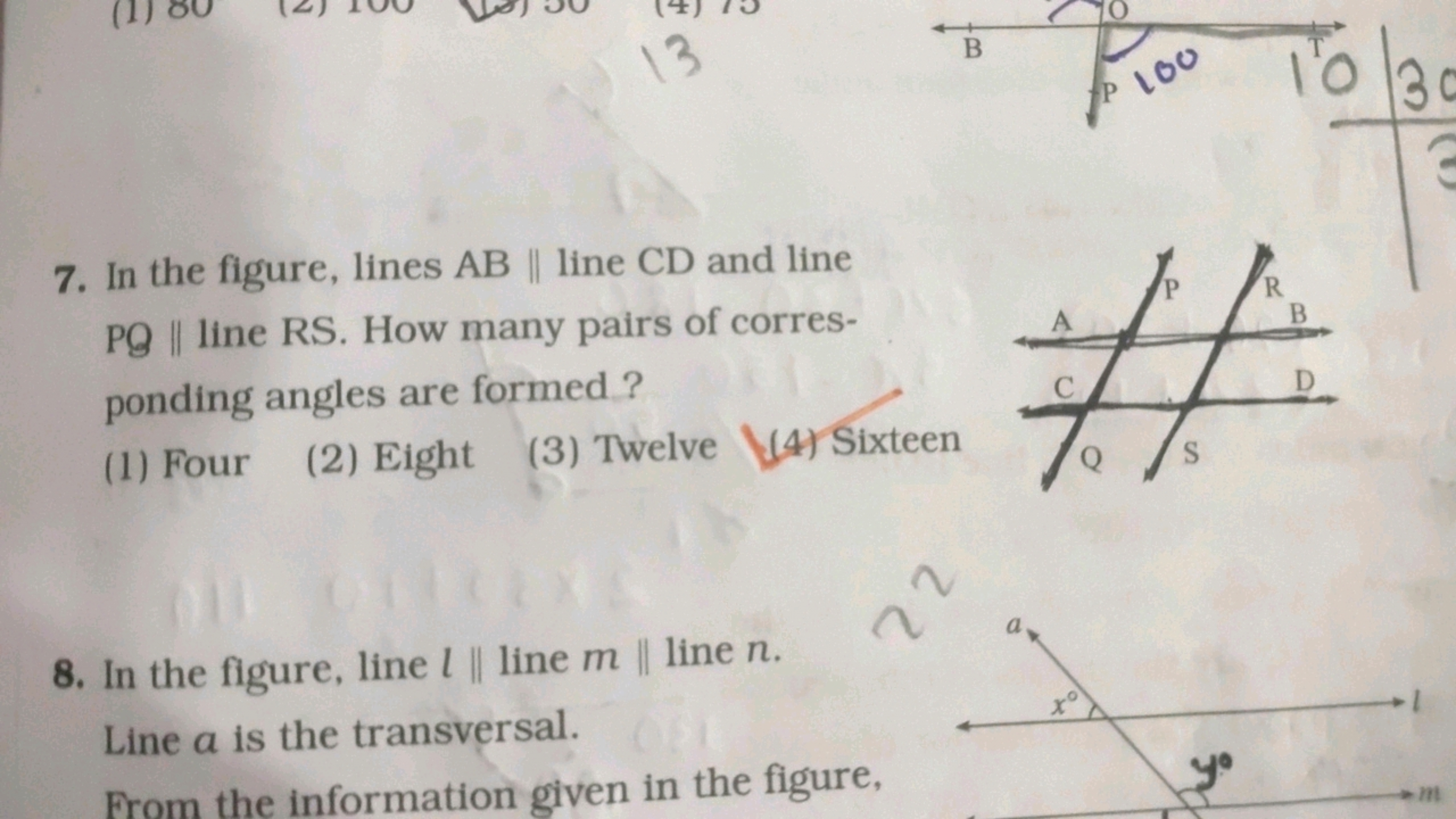 7. In the figure, lines AB∥ line CD and line PQ∥ line RS. How many pai