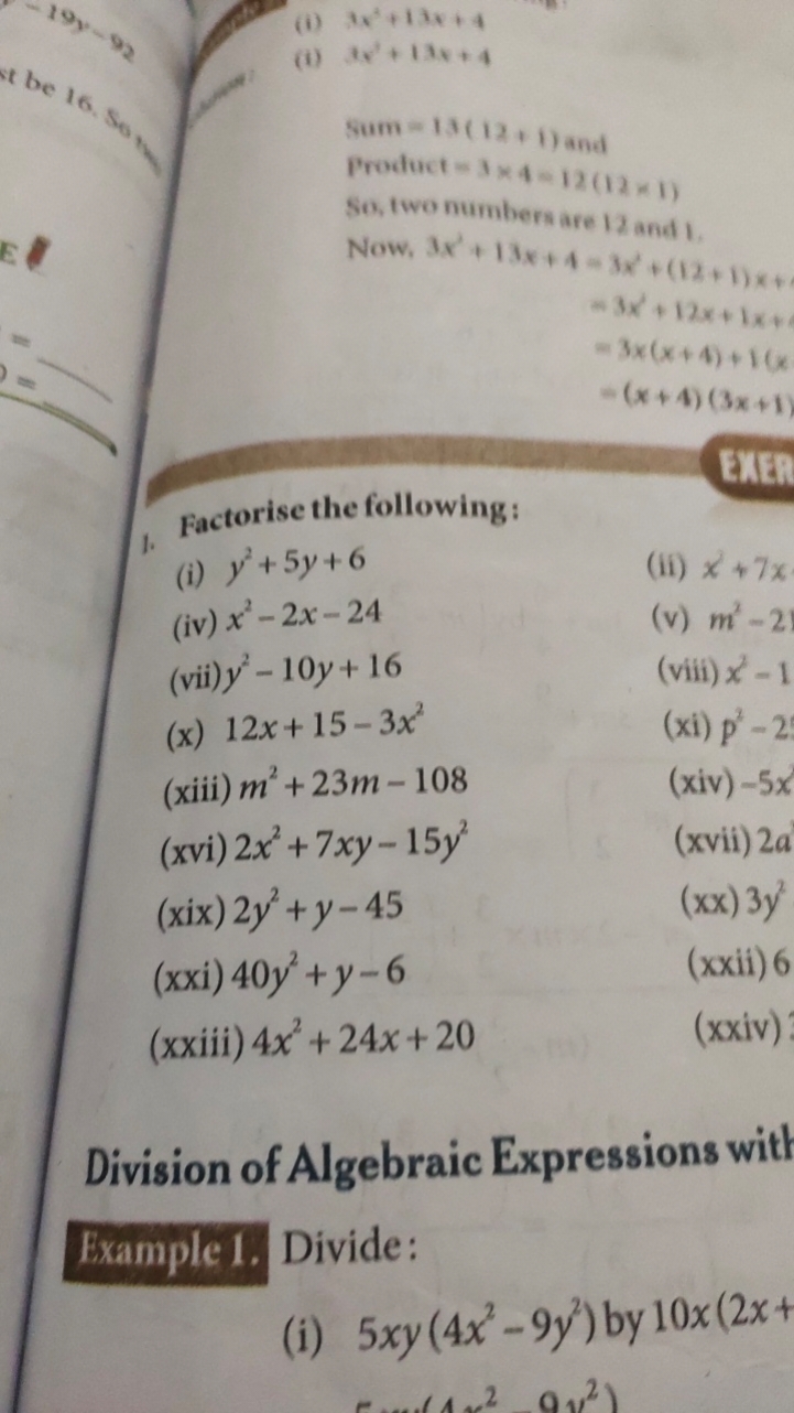 (1) 3x2+13x+4
(i) xx2+12x+4
 sum =13(12+1) and  Product =3×4=12(12×1) 