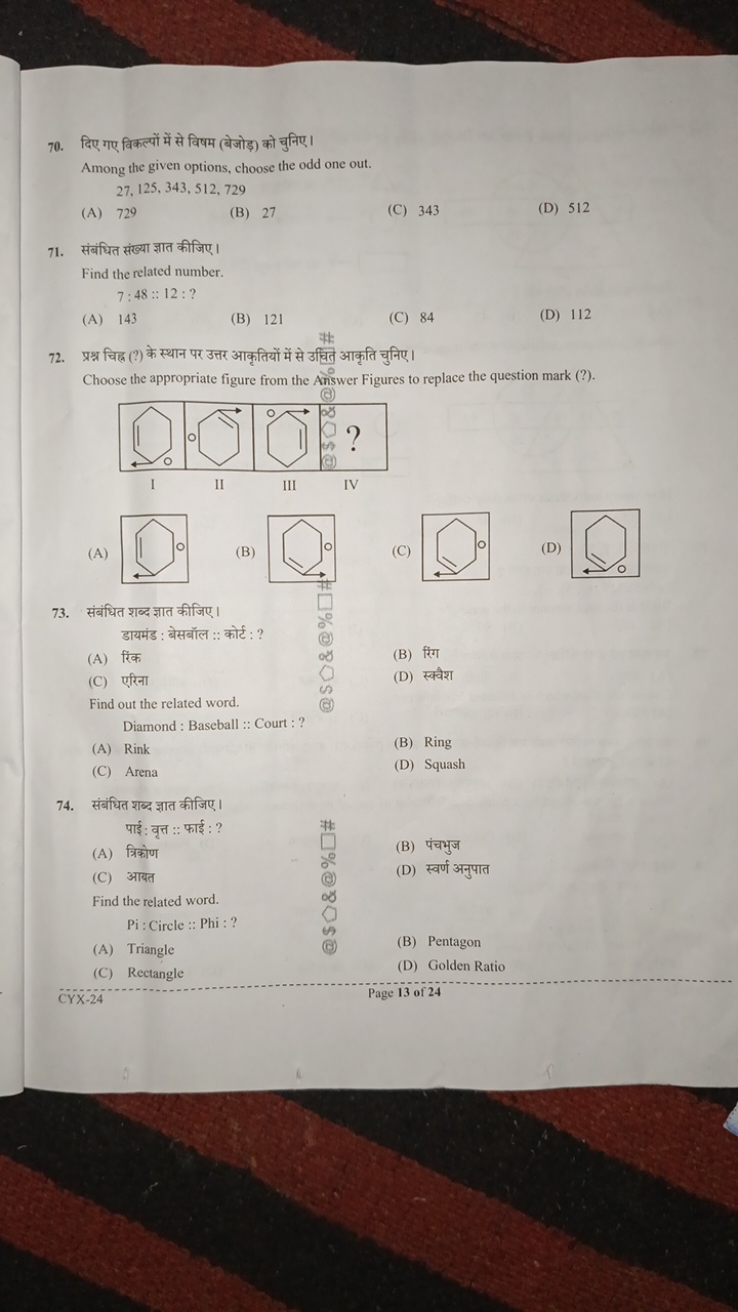 70. दिए गए विकल्पों में से विषम (बेजोड़) को चुनिए।

Among the given op