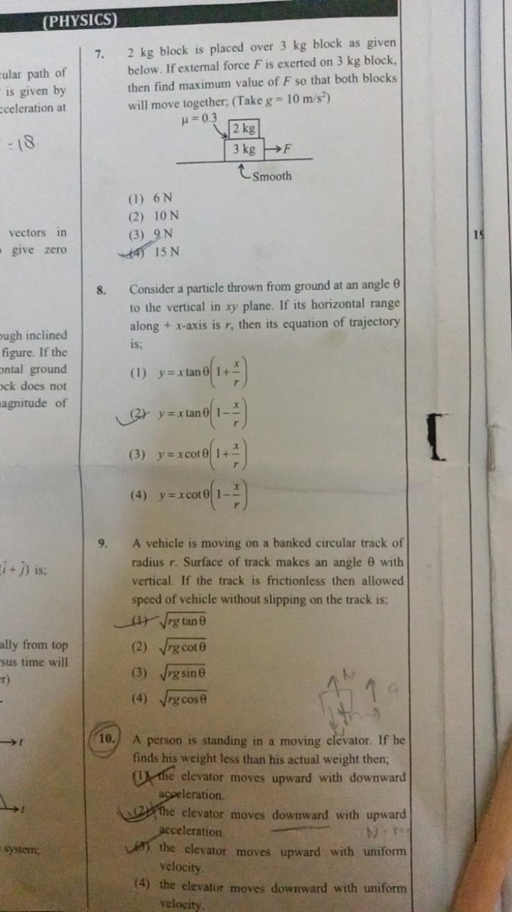 (PHYSICS)
7. 2 kg block is placed over 3 kg block as given below. If e