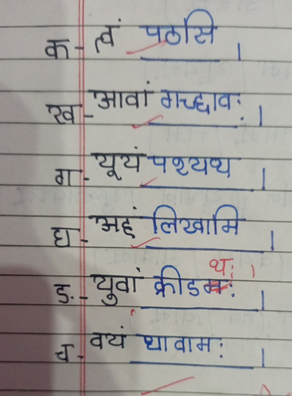 क- त्वं प्रठसि।
ख- आवां गच्छावः ।
गा. यूयं पशथ्यथ।
घ- अहं लिखामि
5. - 