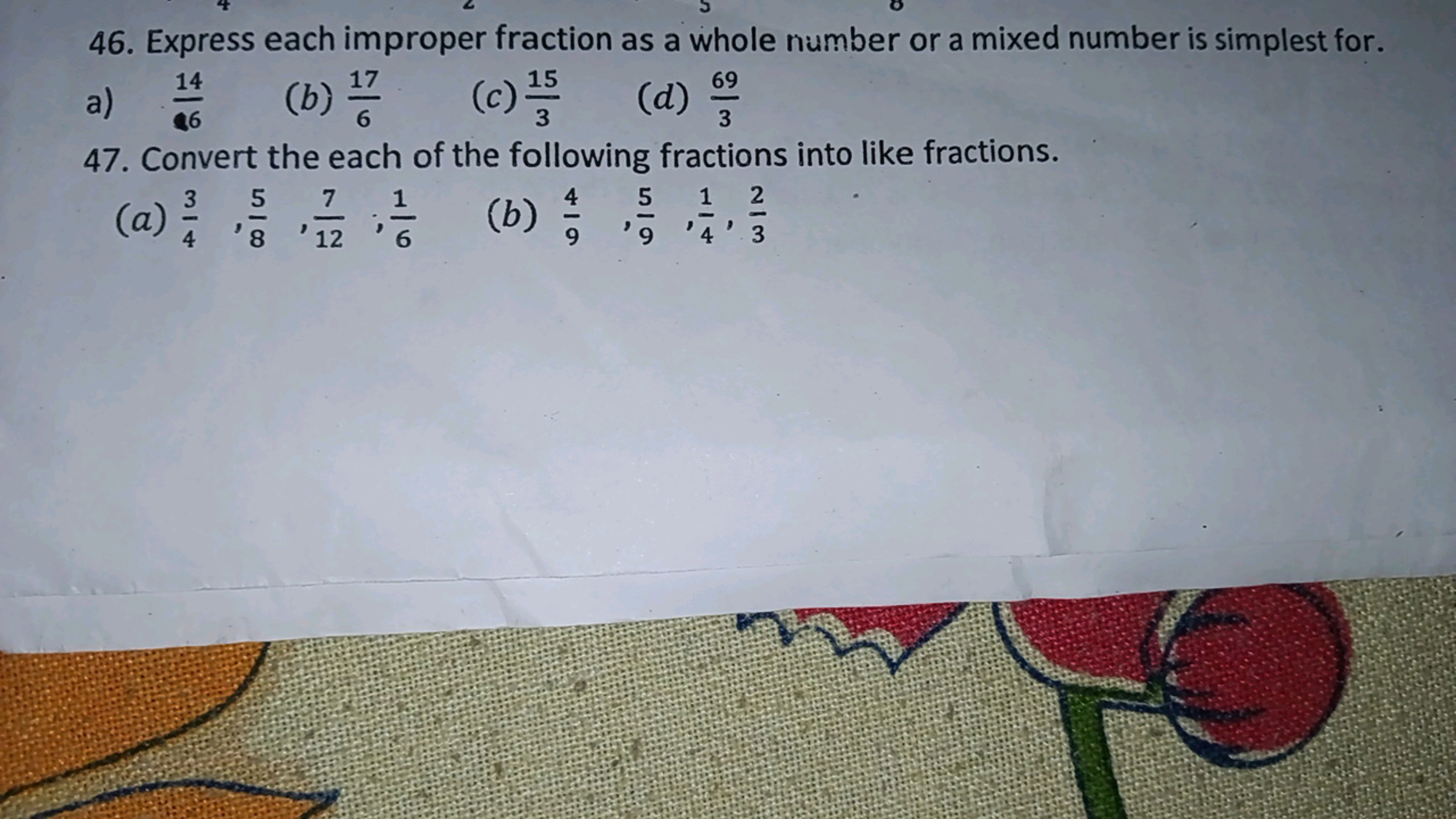 46. Express each improper fraction as a whole number or a mixed number