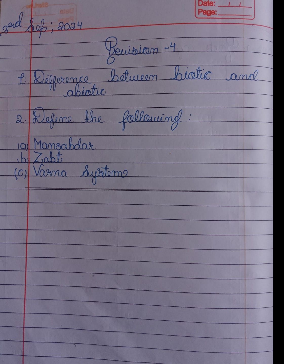 Date:
3ad Seb; 2024
Pevision -4
2. Defene the following:
1a) Mansabdar