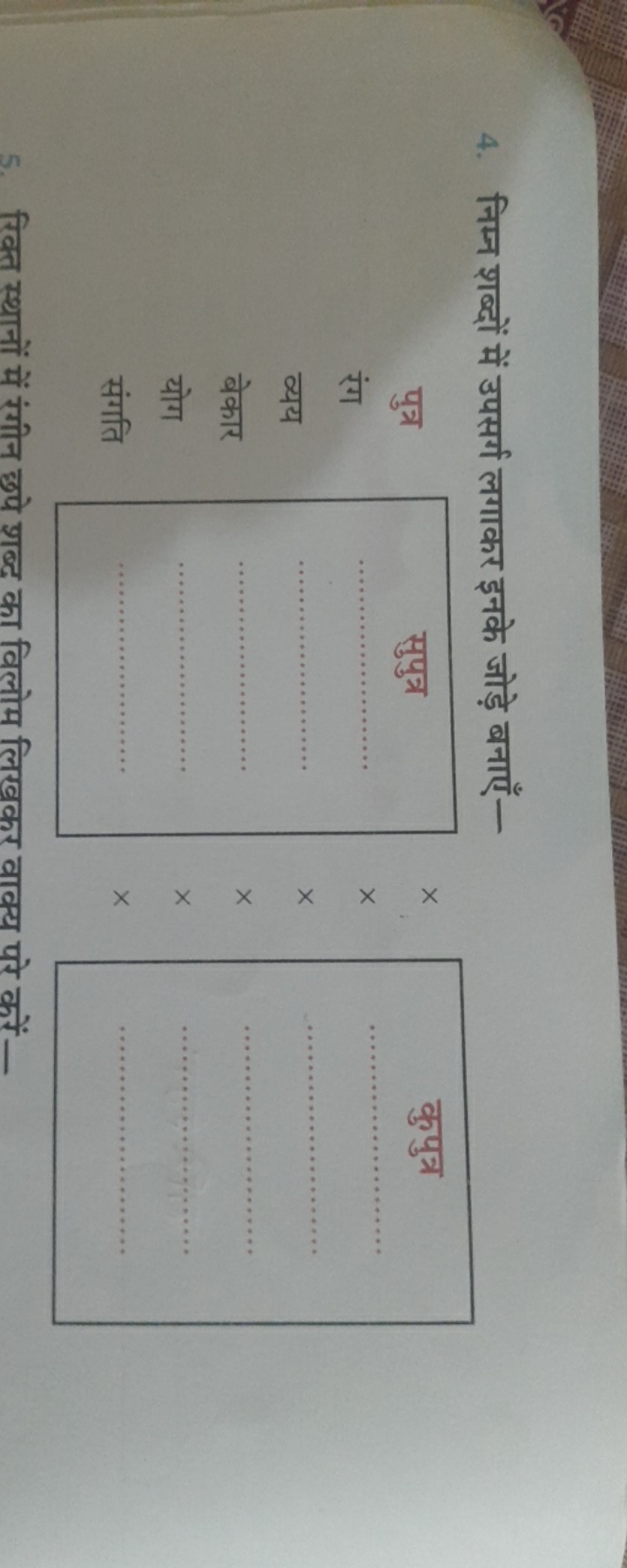 4. निम्न शब्दों में उपसर्ग लगाकर इनके जोड़े बनाएँ-

पुत्र □
5. रिक्त स