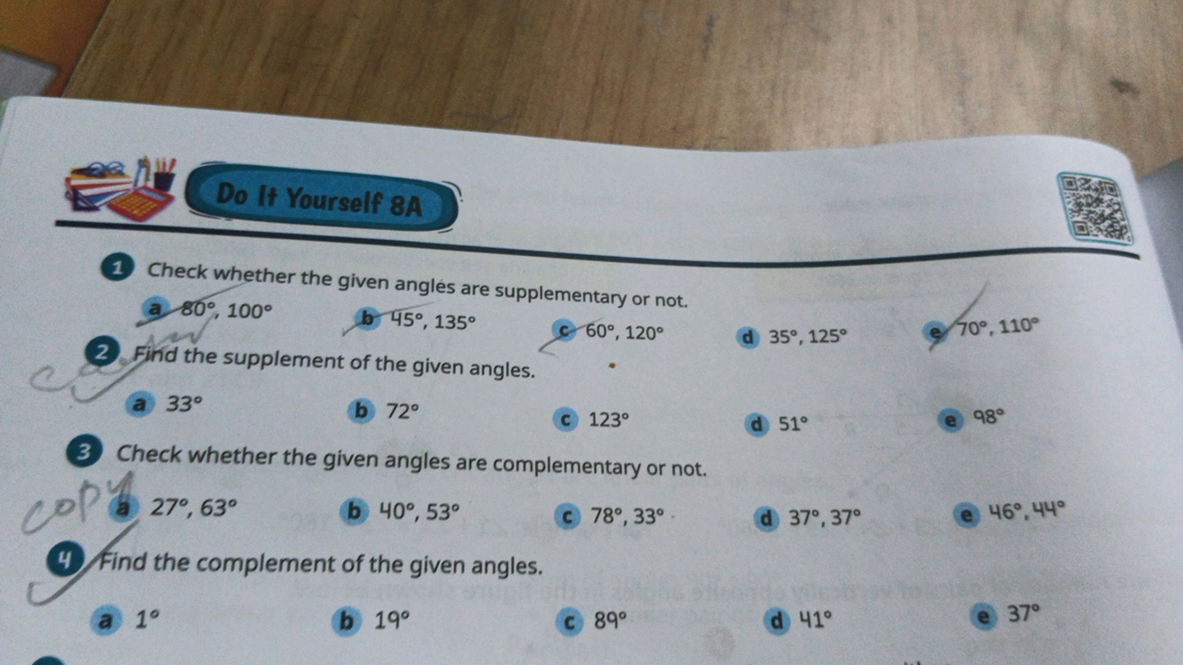 Do It Yourself 8A
1 Check whether the given angles are supplementary o