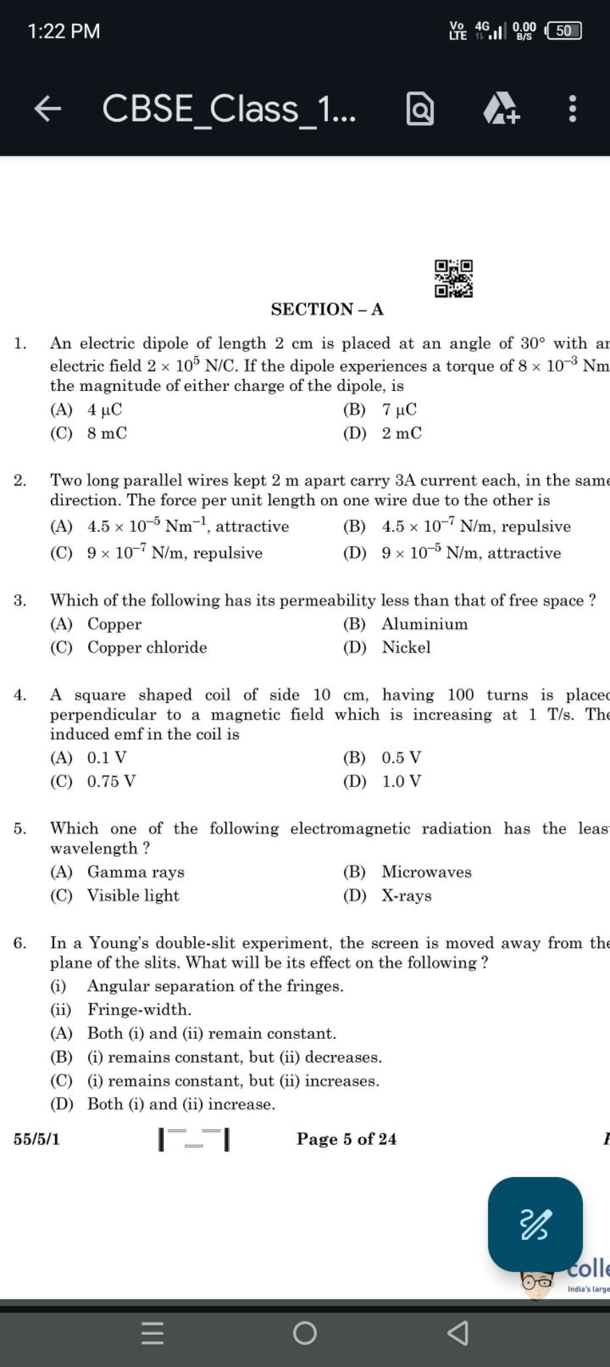 1:22 PM
Vo 4G⋅0.000.00​
50
← CBSE_Class_1...

SECTION - A
1. An electr