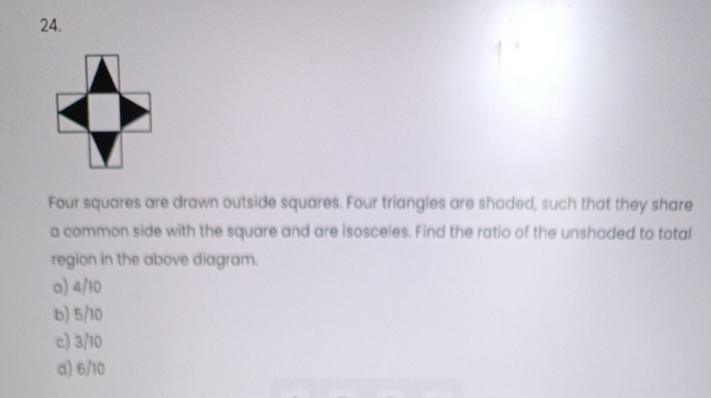 24.

Four squares are drawn outside squares. Four triangles are shaded