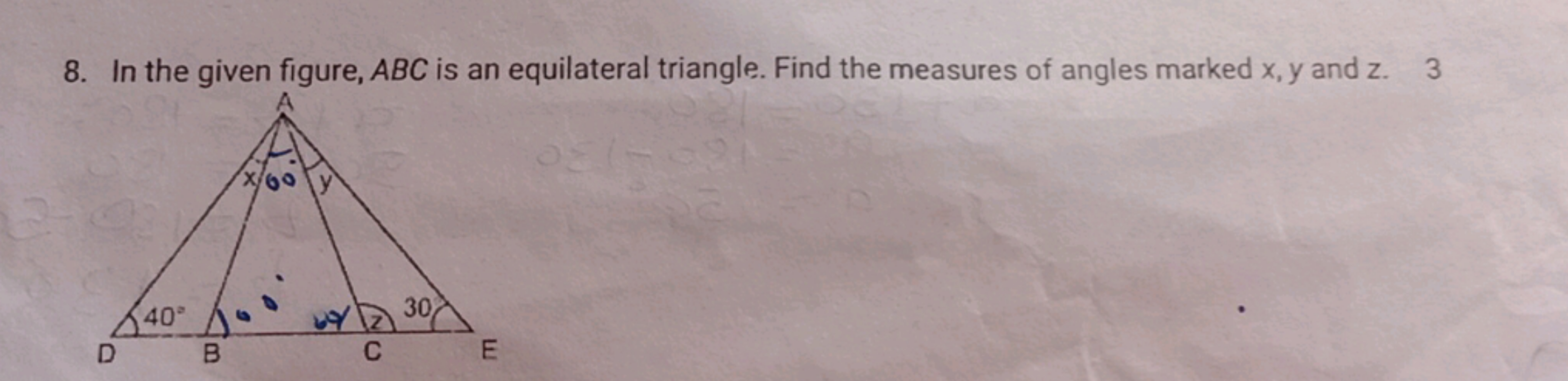 8. In the given figure, ABC is an equilateral triangle. Find the measu