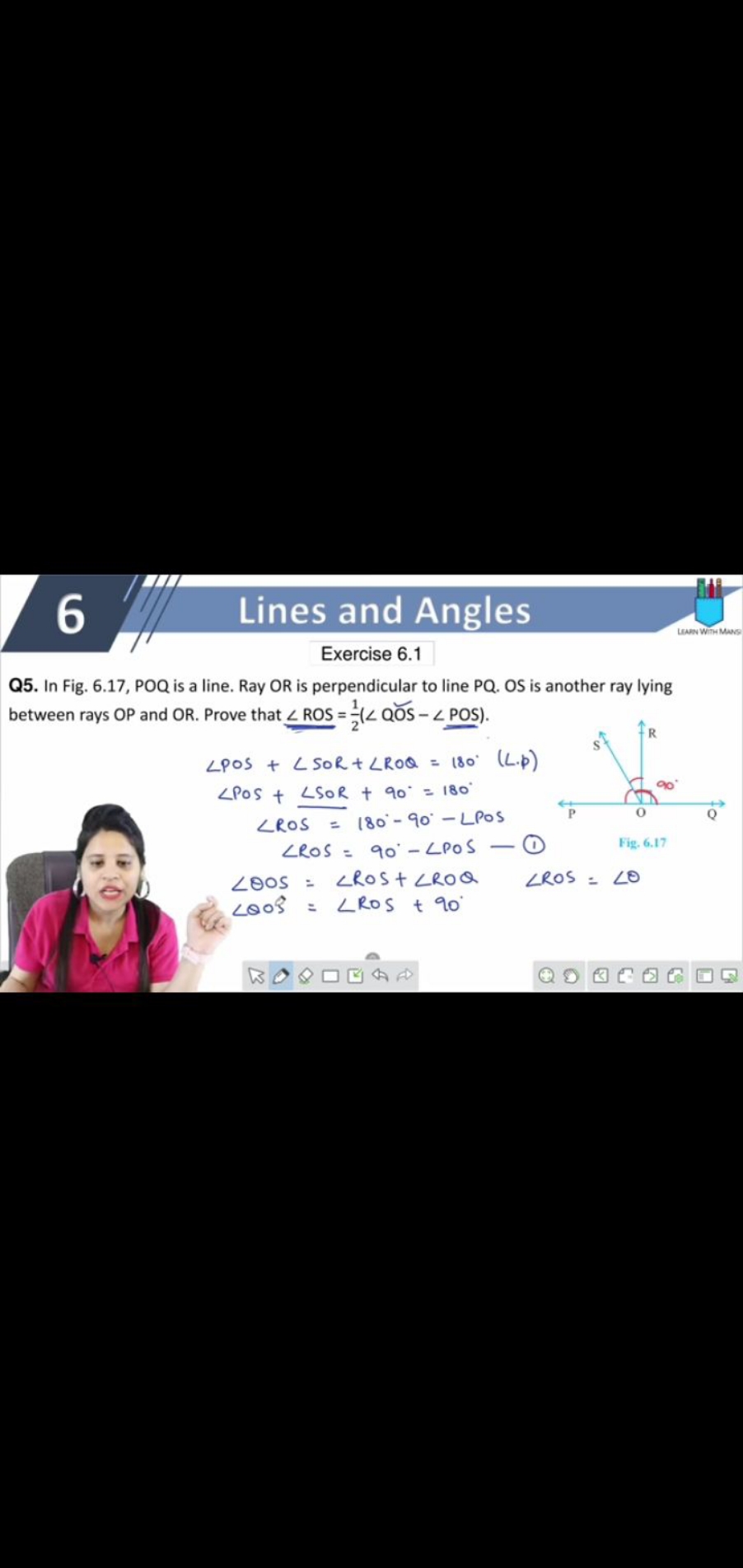 6
Lines and Angles
An Wing Mans
Exercise 6.1
Q5. In Fig. 6.17, POQ is 