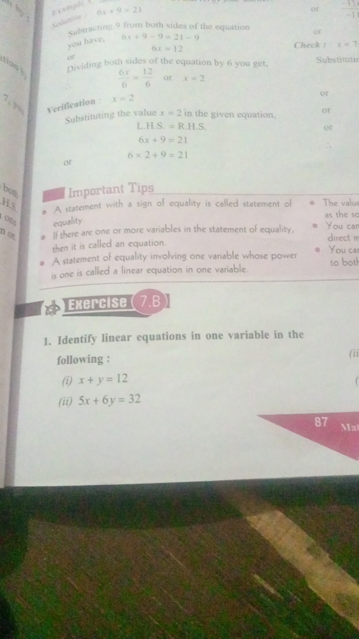 or
−11
−1
Sevation: 6x+9=21
cubtracting 9 from both sides of the equat