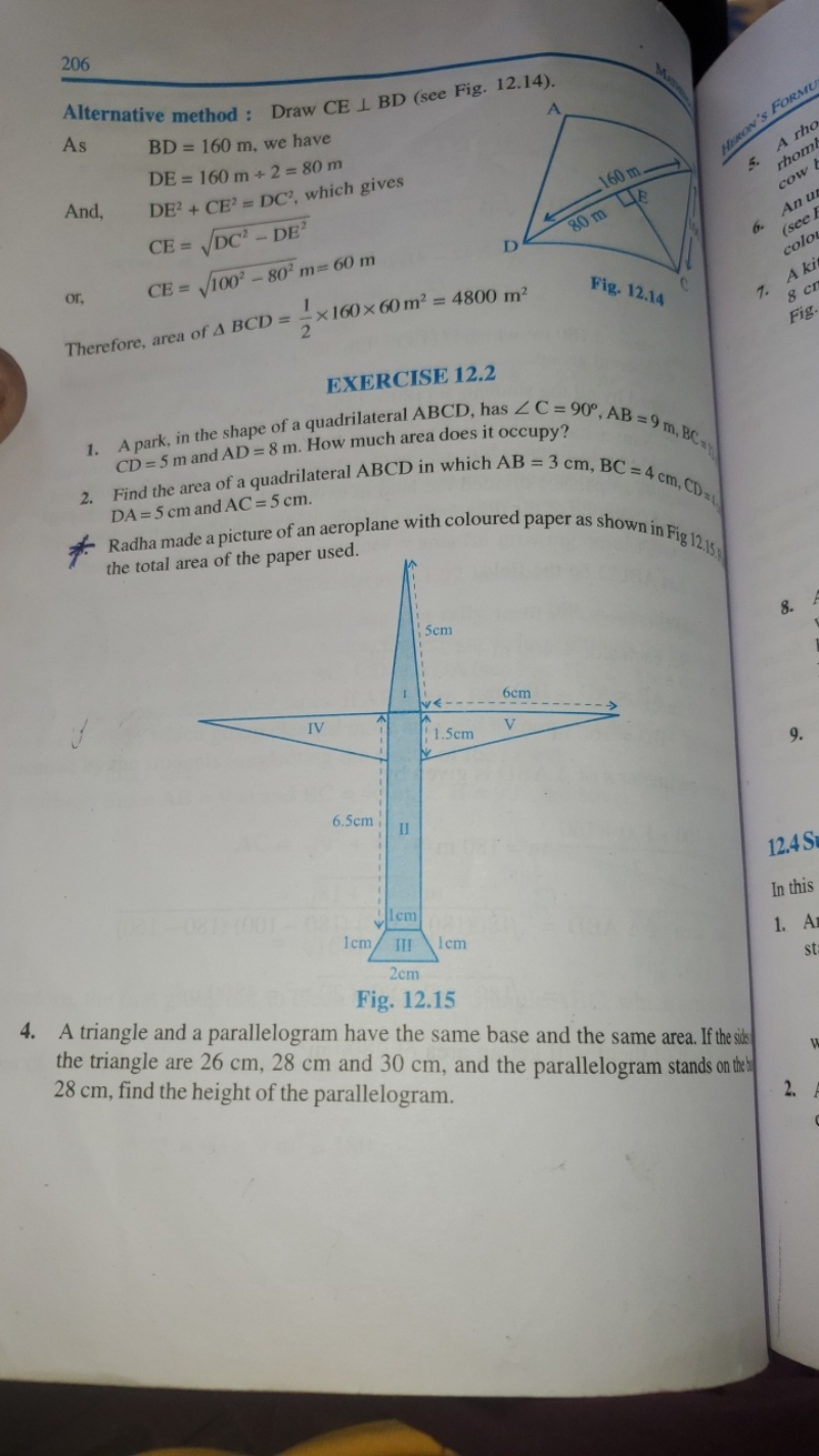 206
Alternative method : Draw CE⊥BD (see Fig. 12.14).
As BD=160 m, we 