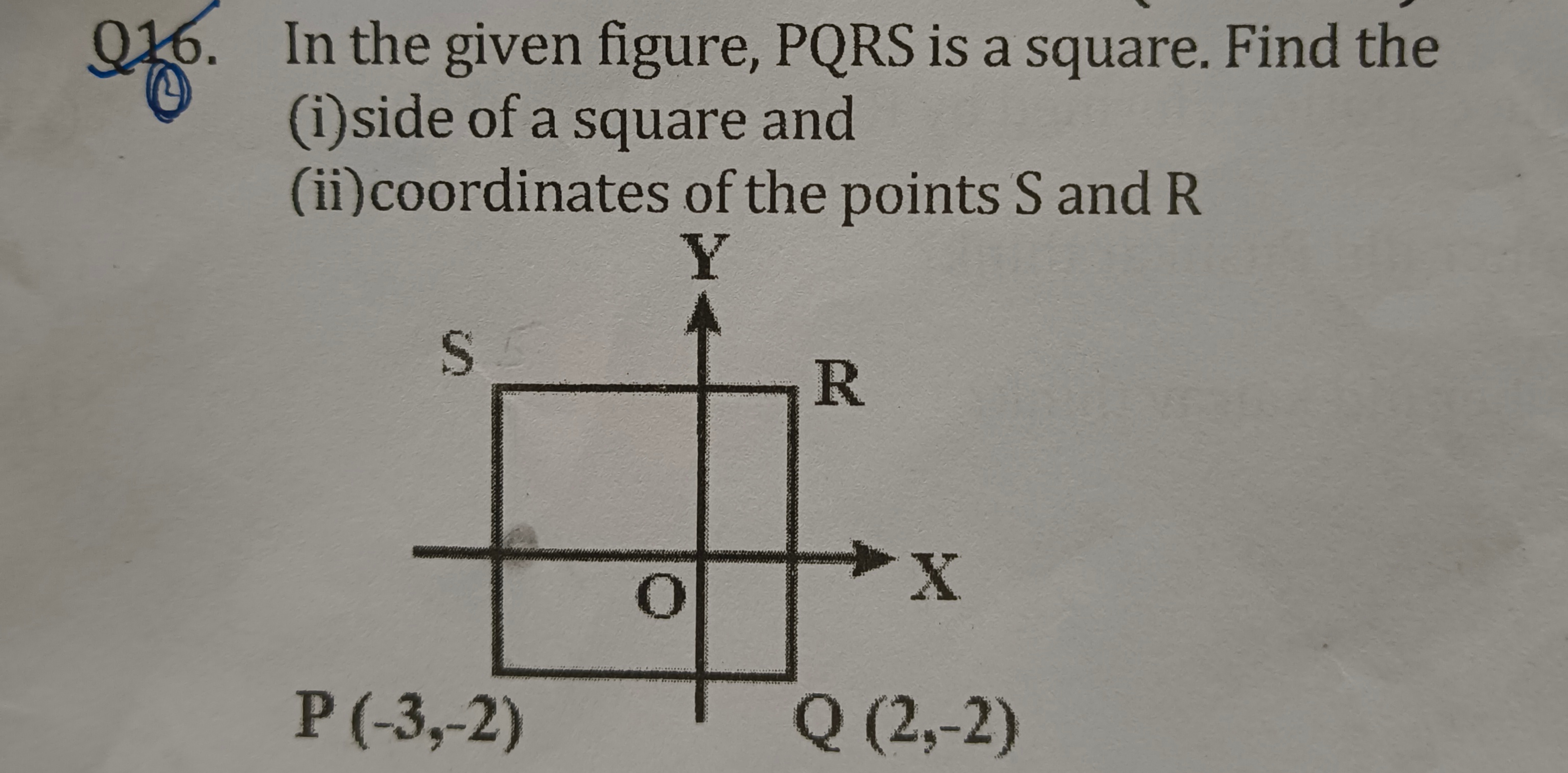 Q16. In the given figure, PQRS is a square. Find the
(i) side of a squ