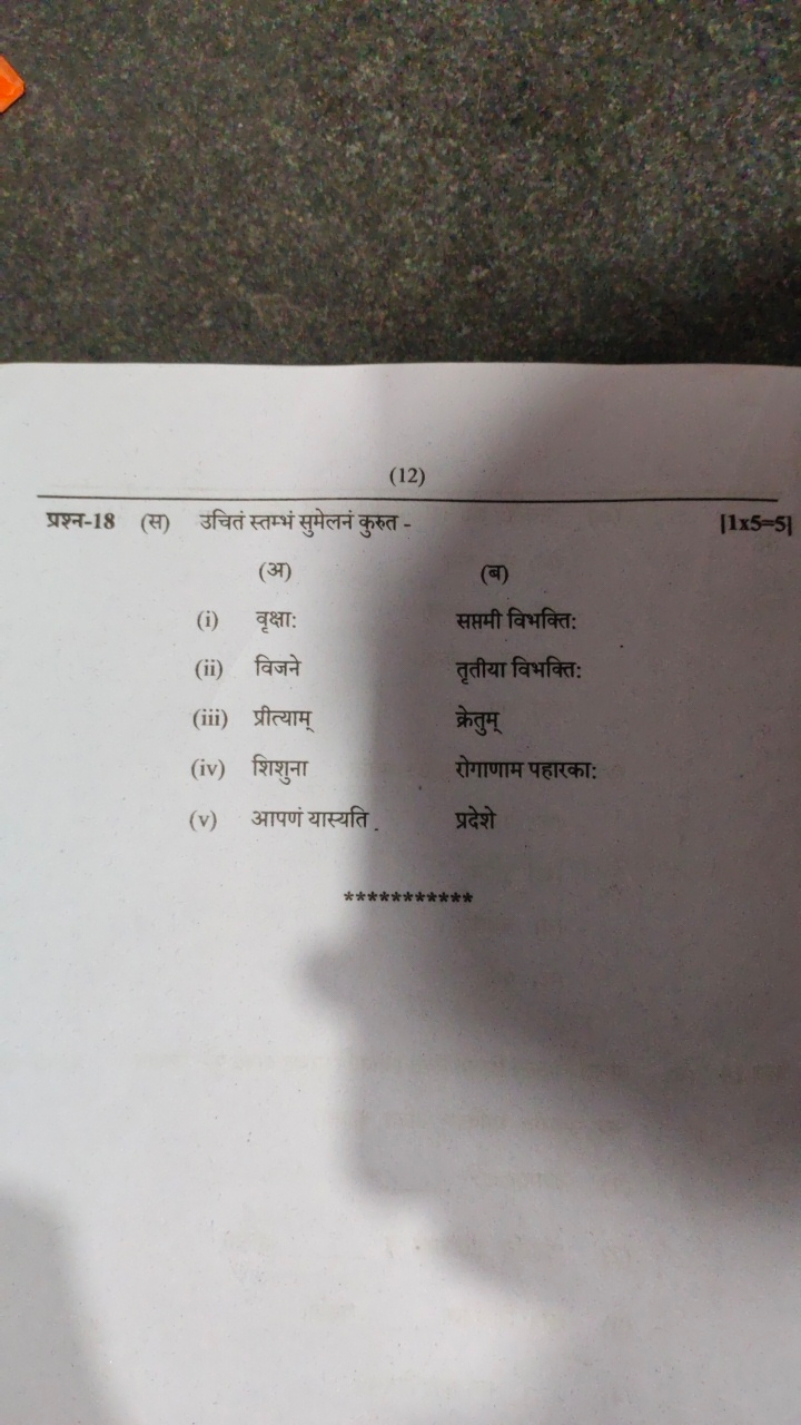 (12)
प्रश्न-18 (स) उचितं स्तम्भं सुमेलनं कुरुत -
[1×5=5]
(अ)
(i) वृक्ष