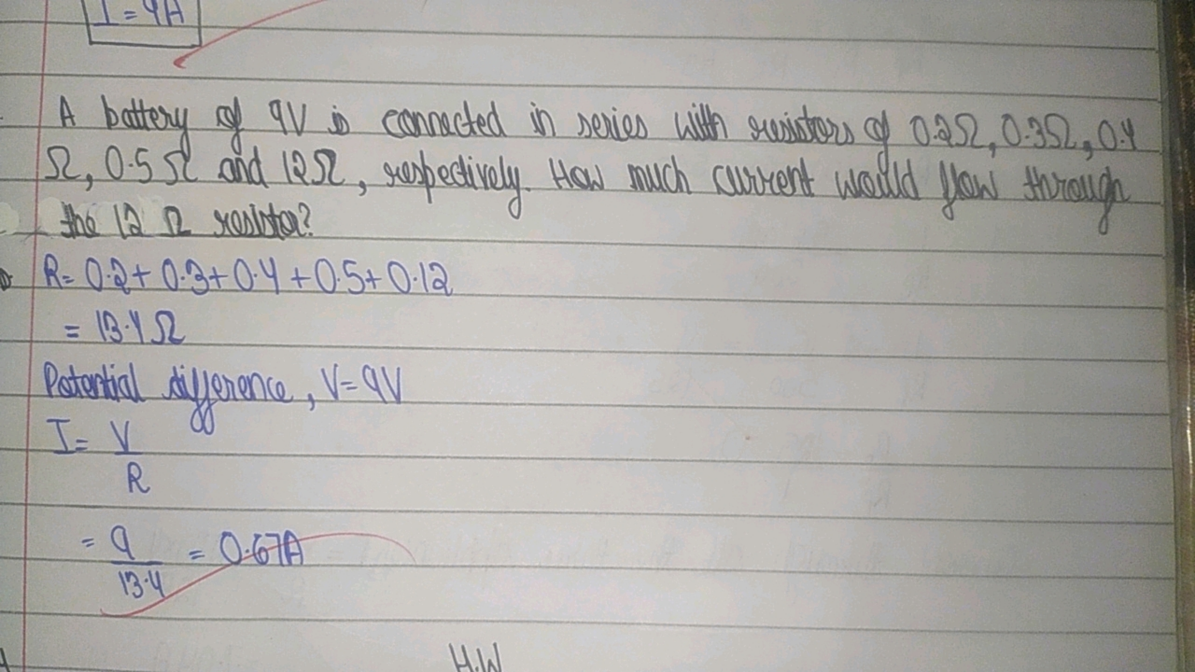 A battery of 9 V is cennected in sevies with revistors of 0.2Ω,0.3Ω,0.