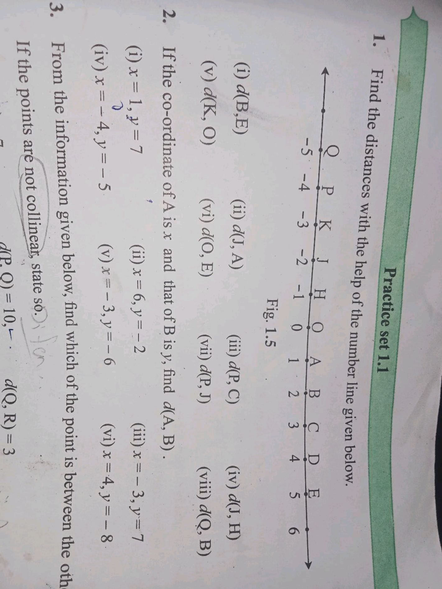 Practice set 1.1
1. Find the distances with the help of the number lin