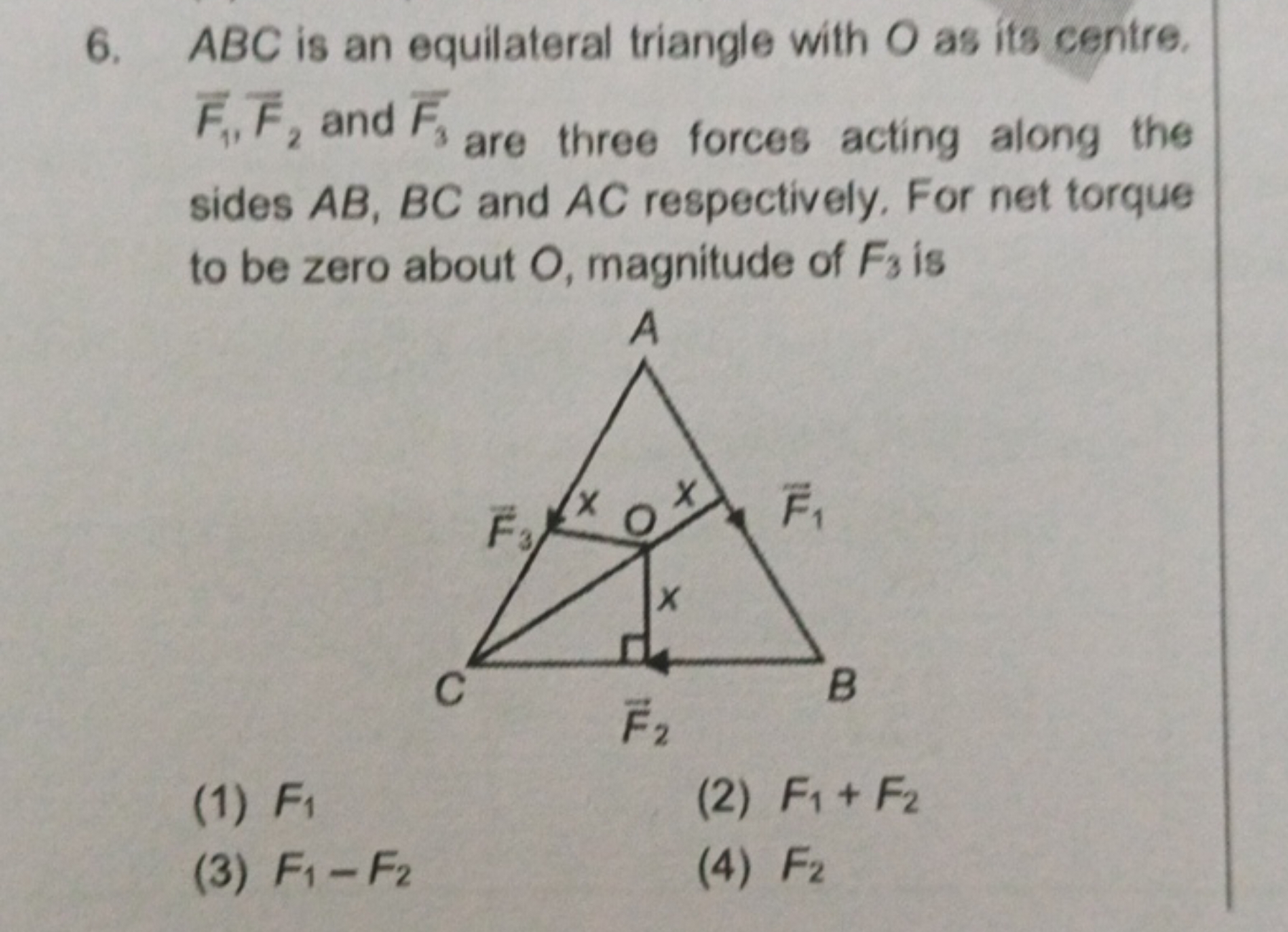 6. ABC is an equilateral triangle with O as its centre. F1​,Fˉ2​ and F