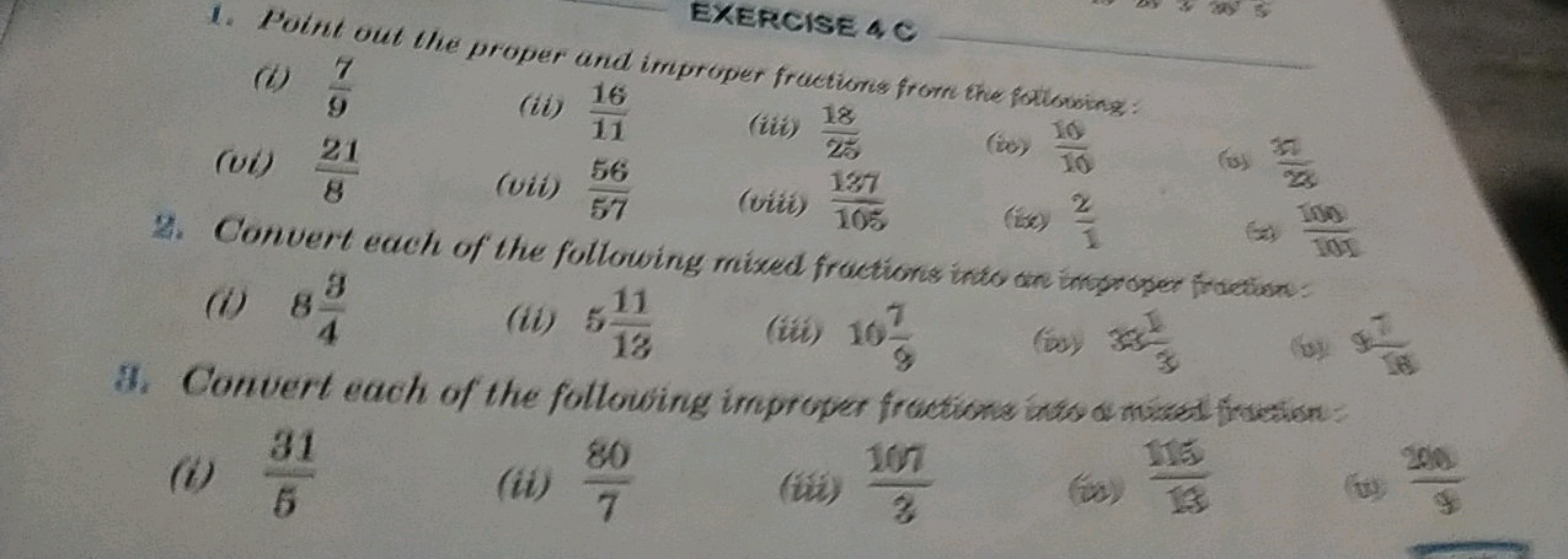 EXERCISE 4C
1. Noint out the proper and improper fractions fromn the p