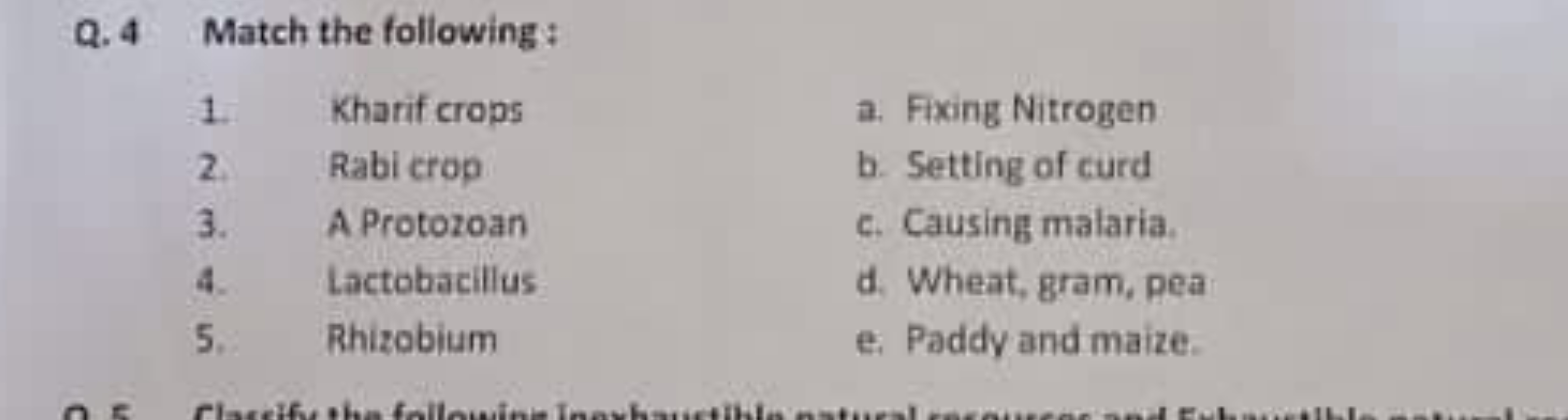 Q. 4 Match the following :
1. Kharif crops
a. Fixing Nitrogen
2. Rabi 