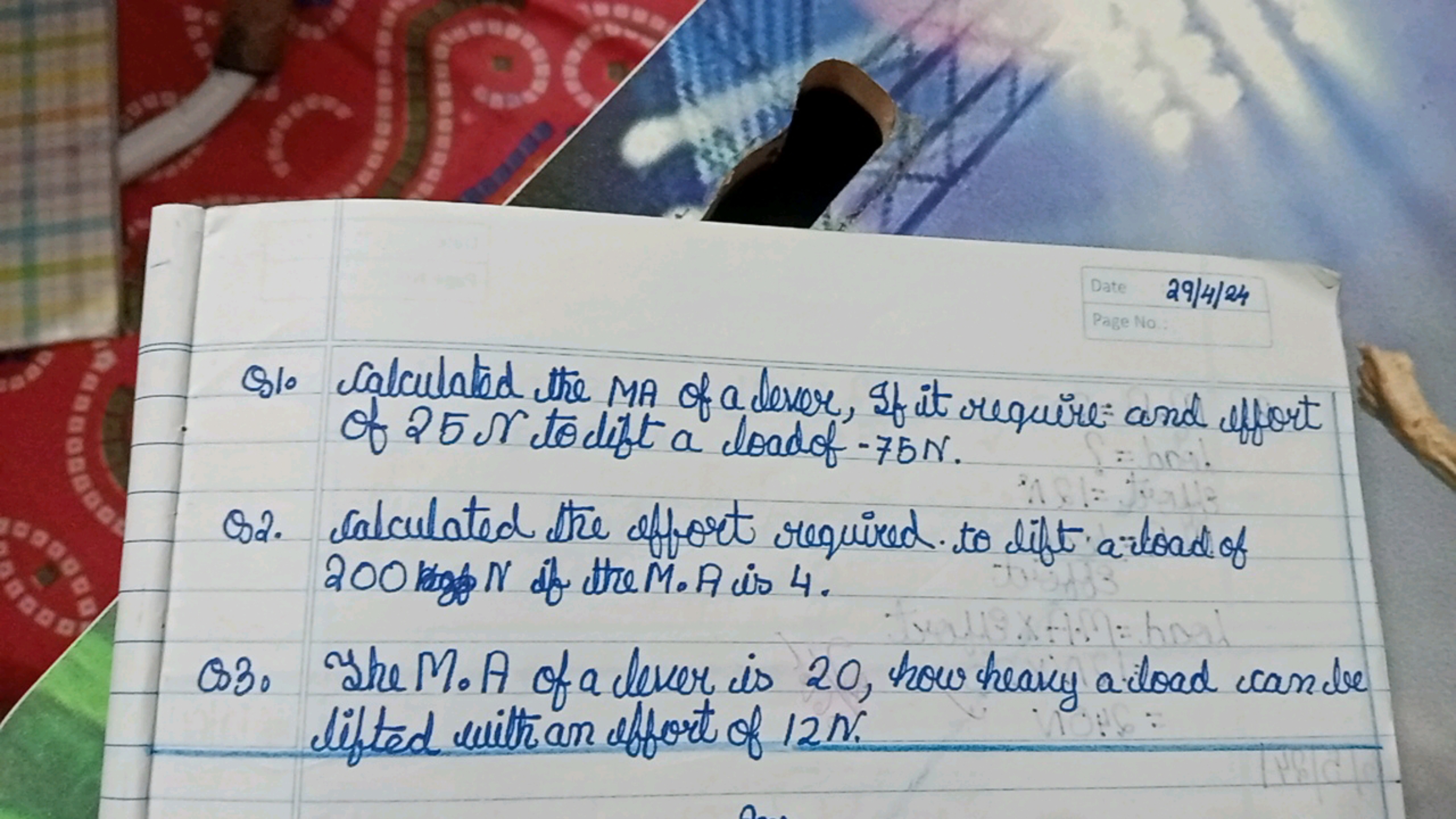 29/4/24
Q1o Calculatod the MA of a dever, If it require: and effort
Q2