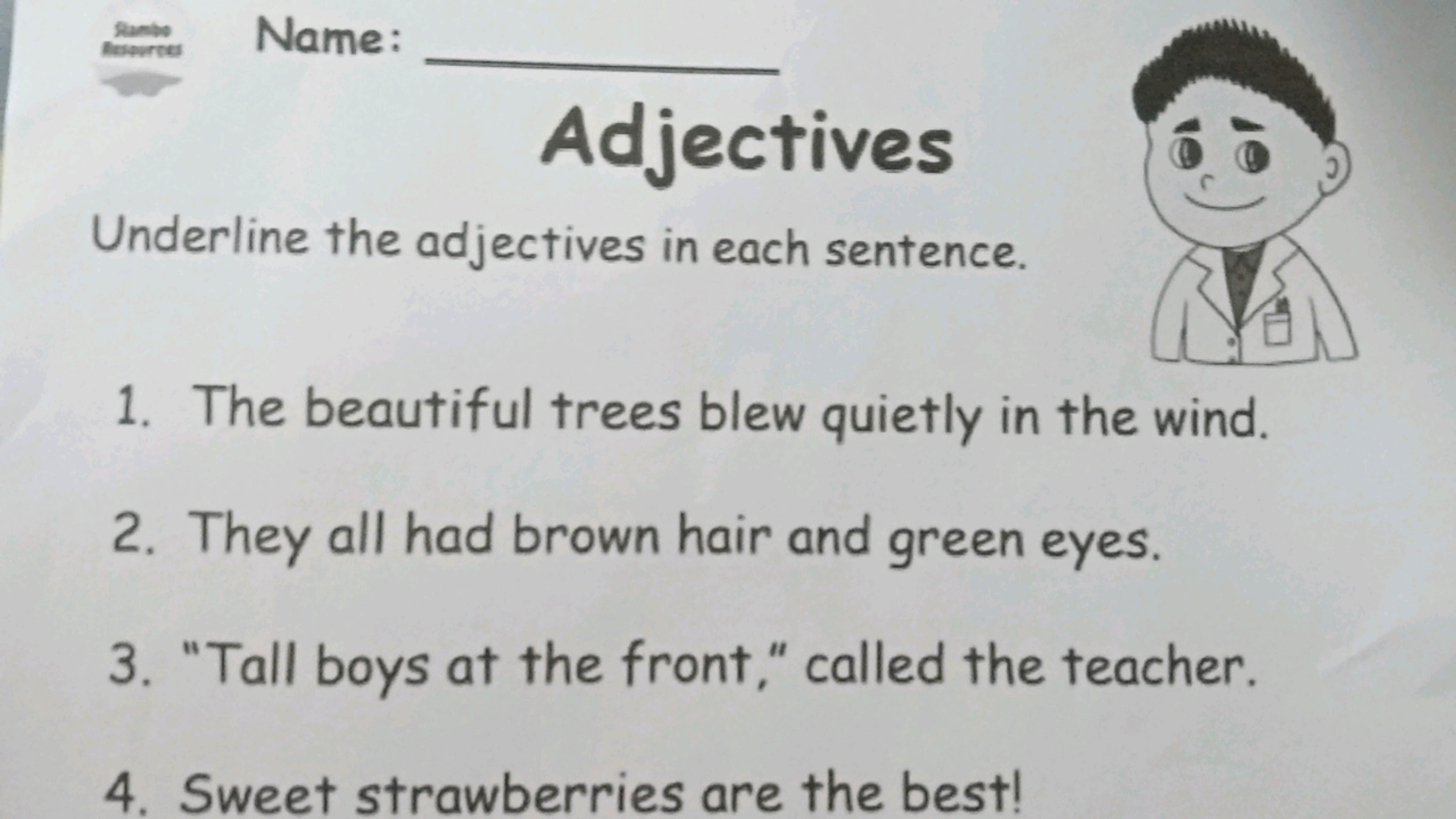 Name: 
Adjectives
Underline the adjectives in each sentence.
1. The be