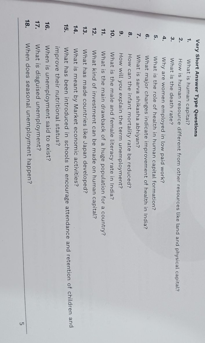 Very Short Answer Type Questions
1. What is human capital?
2. How is h