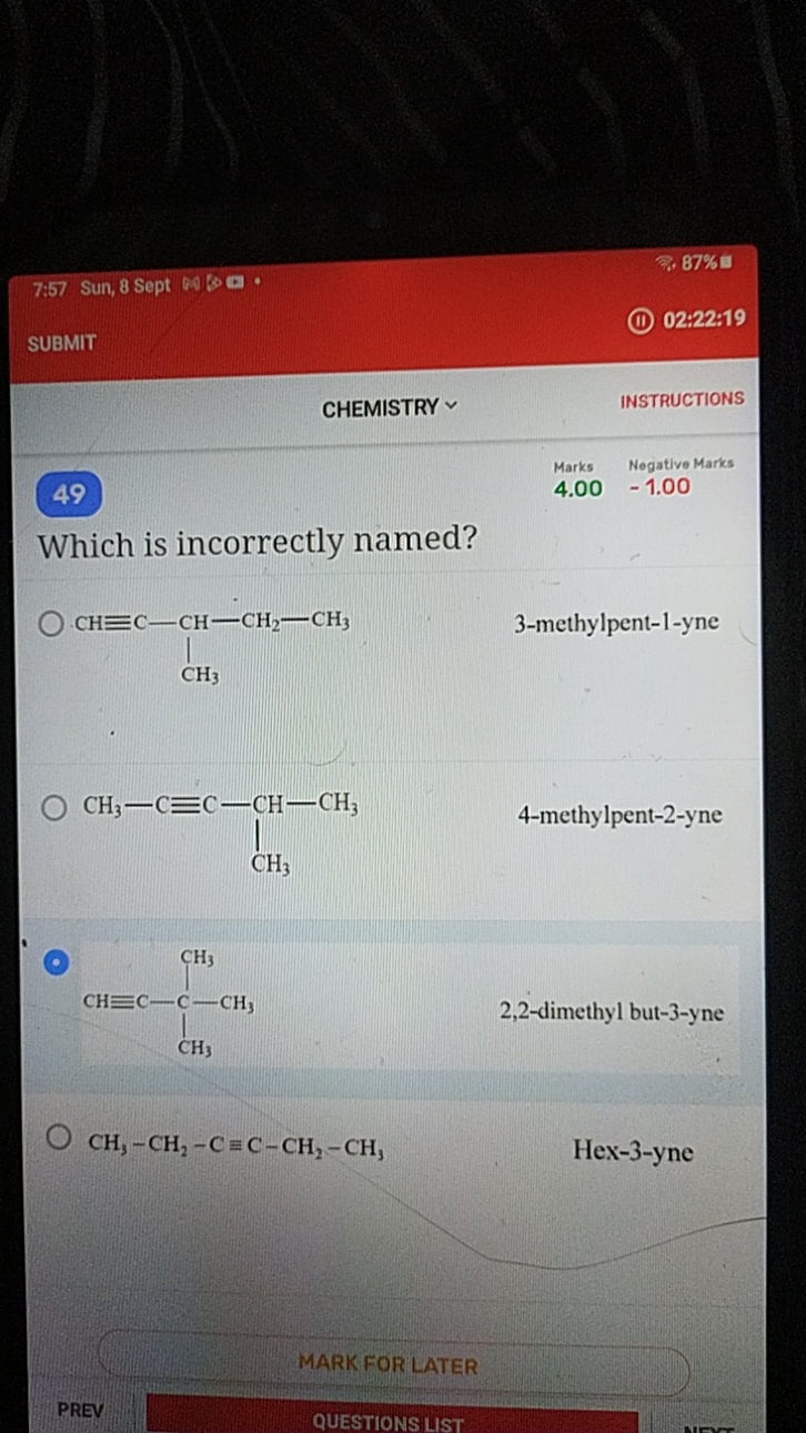 7:57 Sun, 8 Sept 0060
8. 87%
SUBMIT
(1) 02:22:19

CHEMISTRY
INSTRUCTIO