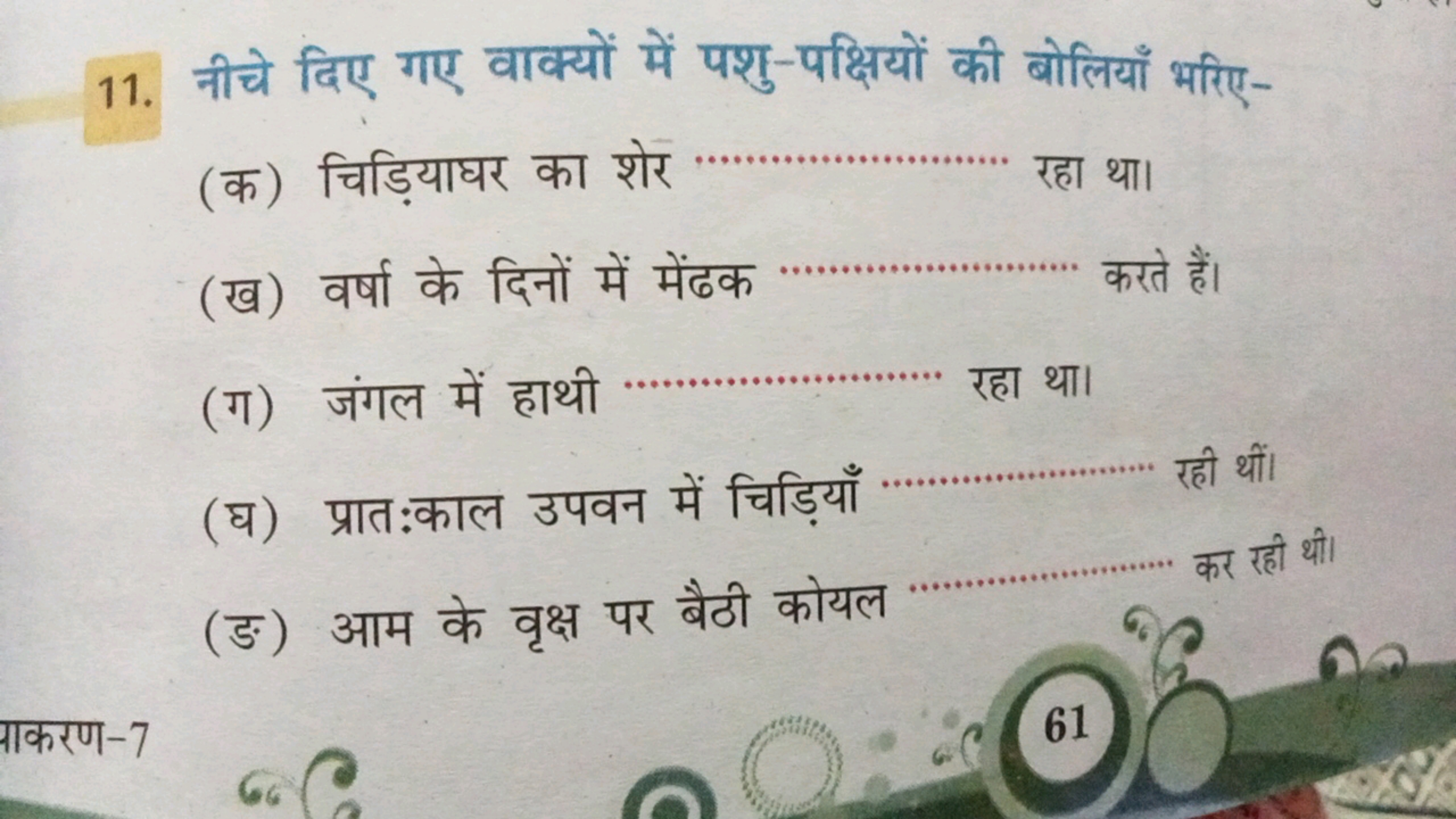 11. नीचे दिए गए वाक्यों में पशु-पक्षियों की बोलियाँ भरिए-
(क) चिड़ियाघ