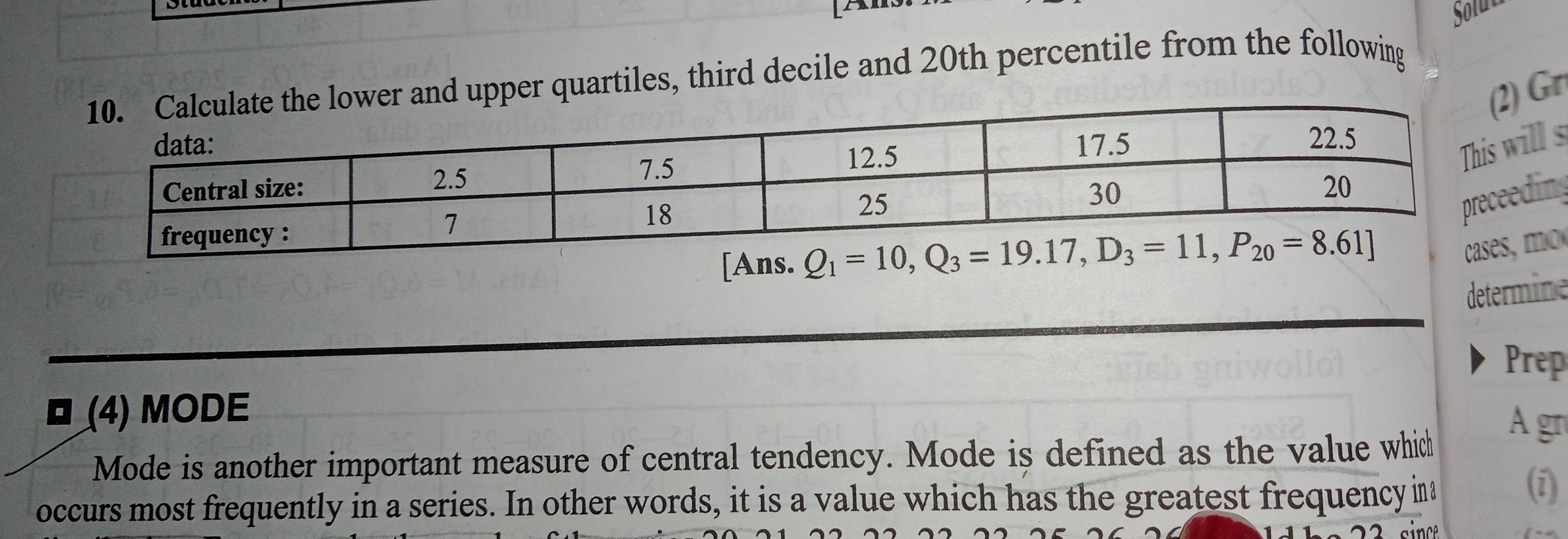 10. Calculate the lower and upper quartiles, third decile and 20th per