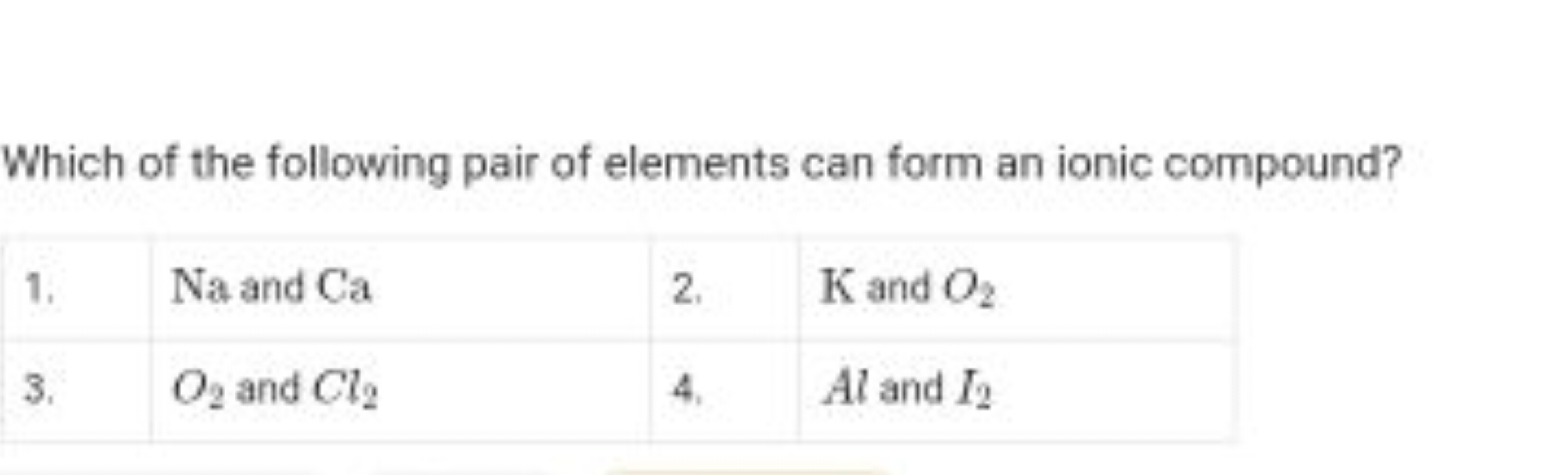 Which of the following pair of elements can form an ionic compound?
\b