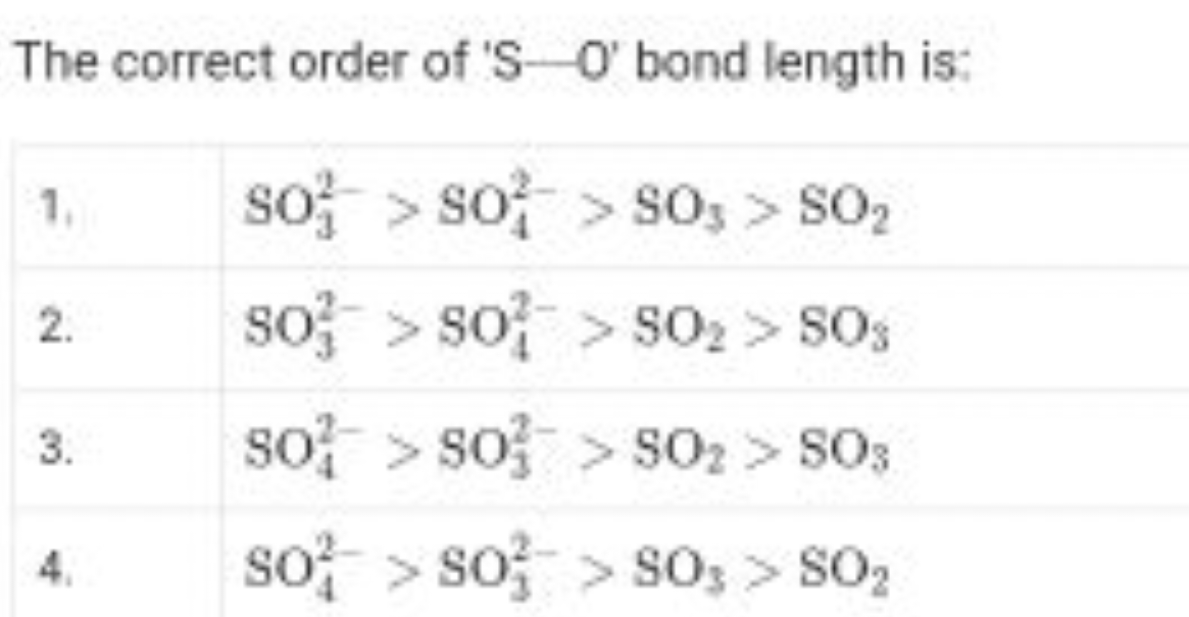 The correct order of ' S−0 ' bond length is:
\begin{tabular} { l l } 
